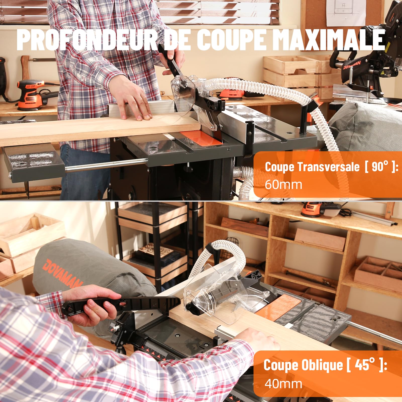 Dovaman DTS02M Scie circulaire de table, 98% d'aspiration, 2000 W, lame 216 mm, coupe à onglet 0-45°, profondeur 45-60 mm