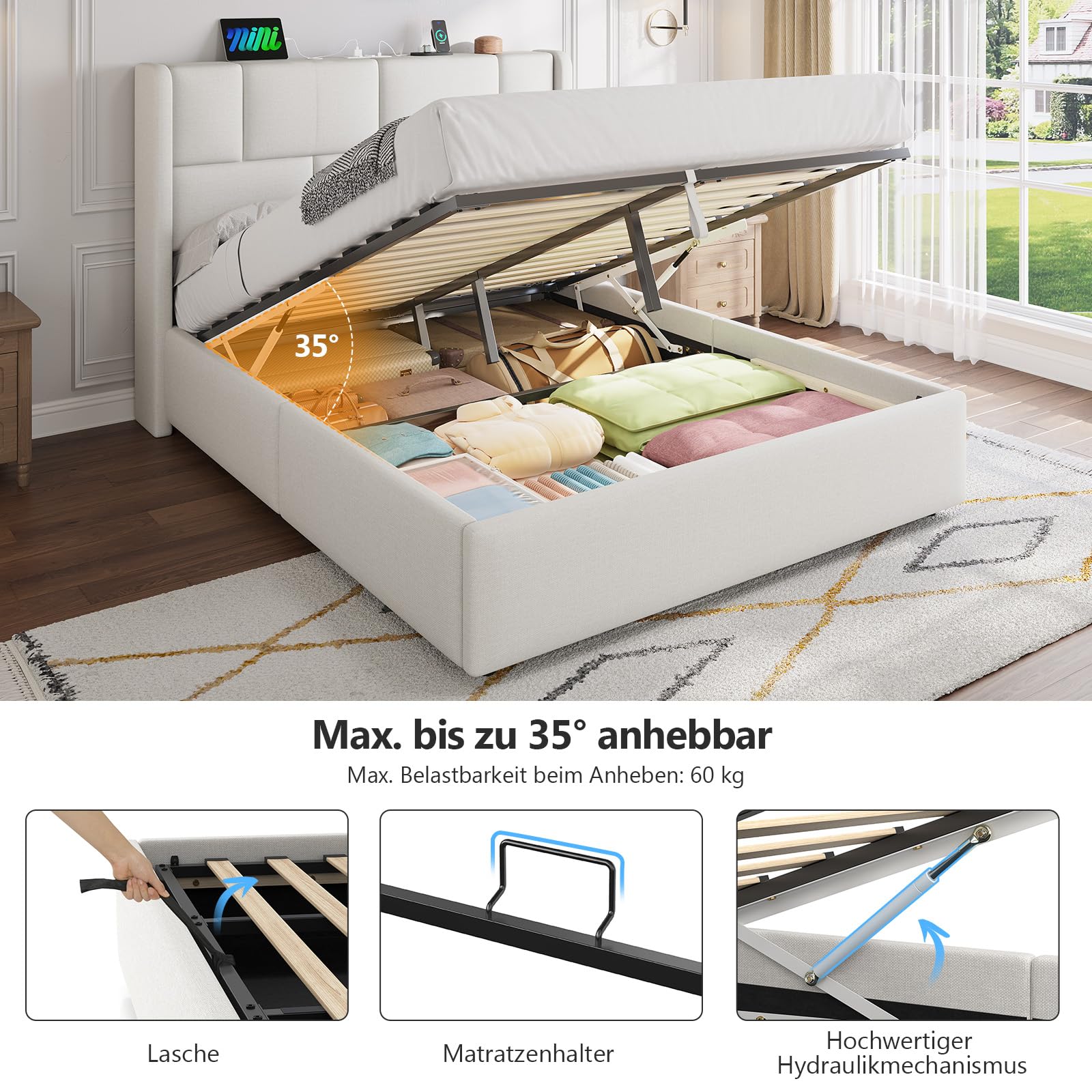 Polsterbett 140x200 cm mit hydraulischem Bettkasten und höhenverstellbarem Kopfteil, Ladestation (2 AC-Steckdosen, 1 USB-A, 1 USB-C Anschluss) Bett 140x200 mit Stauraum, Doppelbett Jugendbett, Weiß