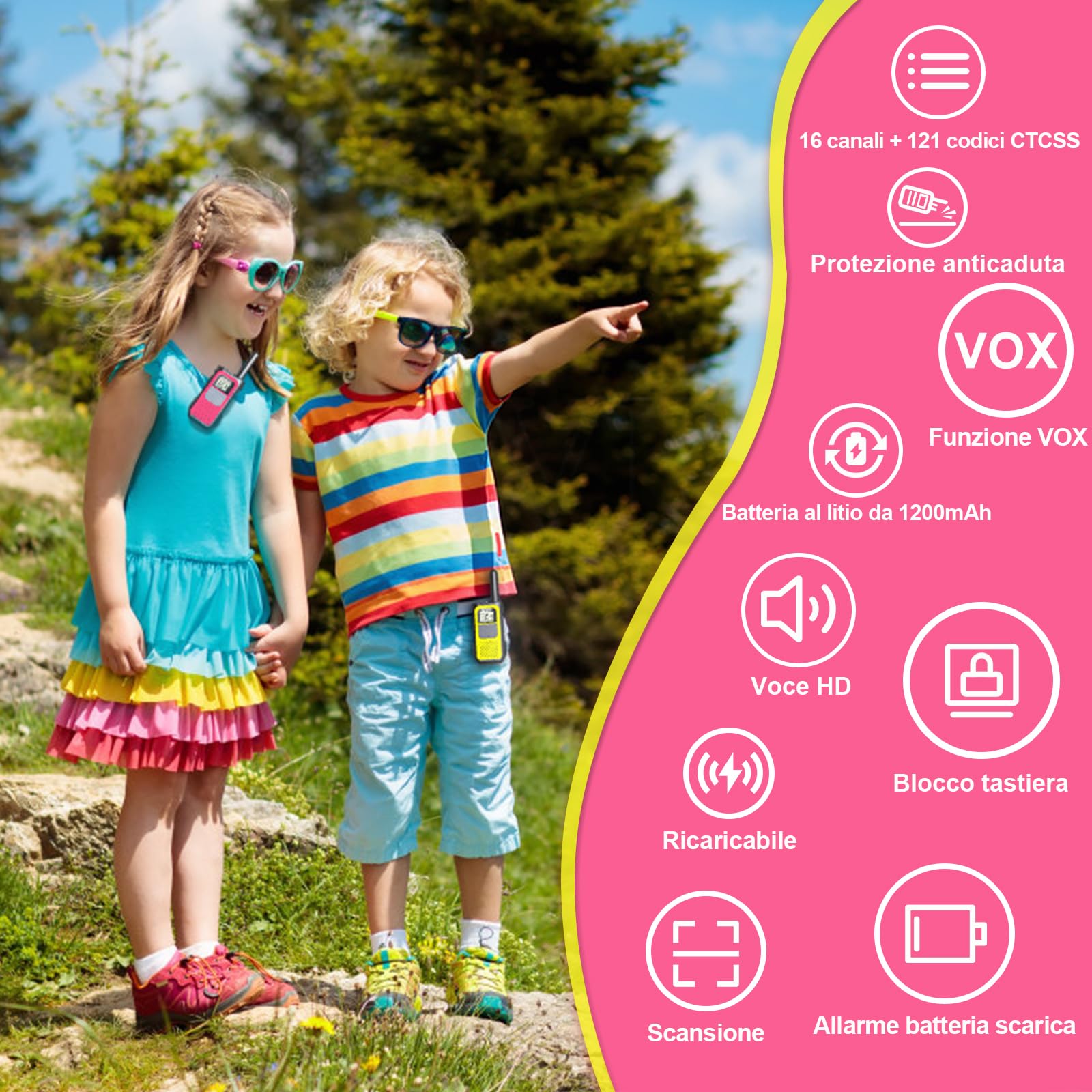 Walkie-Talkie Ricaricabili, Walkie Talkie per Bambini Adulti, con 1200mAh Batteria al Litio, Ricetrasmittenti 16 Canali VOX a Lungo Raggio, Walki Talki per Regalo, Campeggio, Escursioni