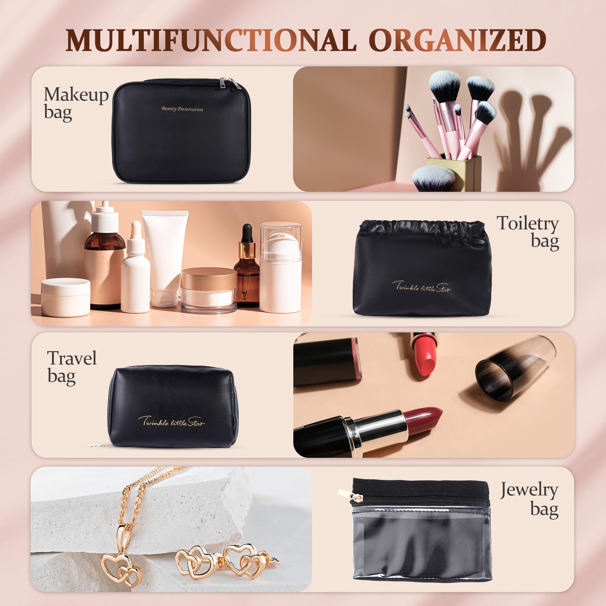 Juego de 4 bolsas de maquillaje de viaje, bolsa organizadora de cosméticos de piel sintética con bolsa de joyería, bolsa de cosméticos grande con divisor y asa, bolsa de aseo portátil impermeable de