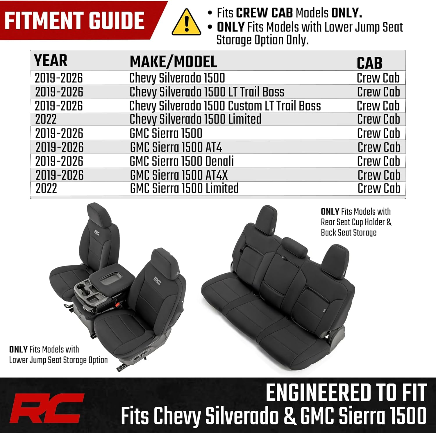 Rough Country Neoprene Seat Covers for Chevy Silverado & GMC Sierra 1500 (2019-2026) w/Rear Seat Storage & Cup Holder - Waterproof & UV Resistant, Foam Padded, Front & Rear Row Cover Set