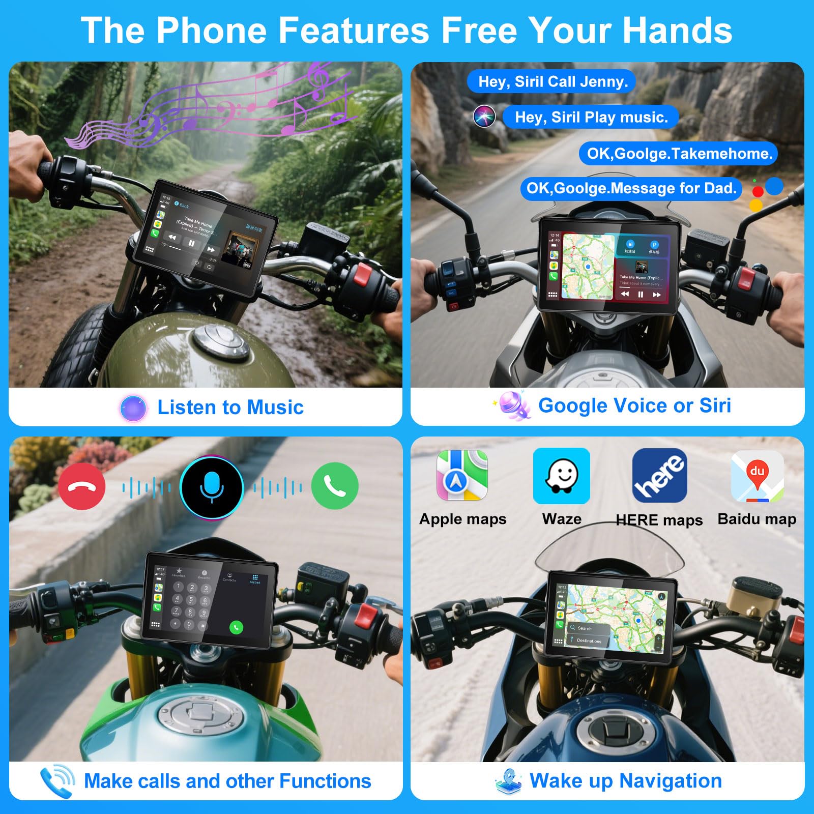 YZW Motorcycle CarPlay Screen with Wireless CarPlay & Android Auto, 5" IP67 Waterproof Touchscreen, Portable Motorcycle GPS Carplay Supports Bluetooth, Siri, Google Assistant, Vioce Control, Bracket