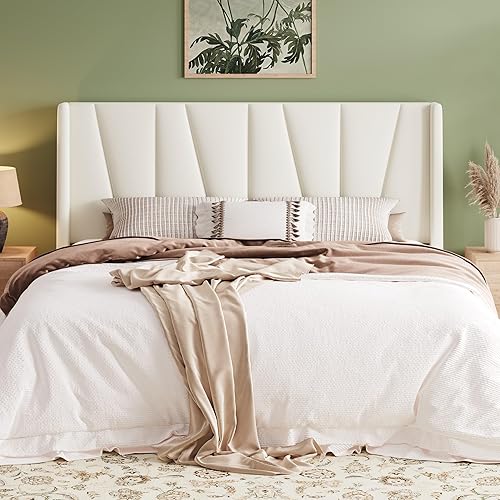 Allewie King Size Platform Velvet Bed Frame with Geometric Wingback Headboard, Boho Upholstered Bed with Wooden Slats Support, No Box Spring Needed, Easy Assembly, Cream