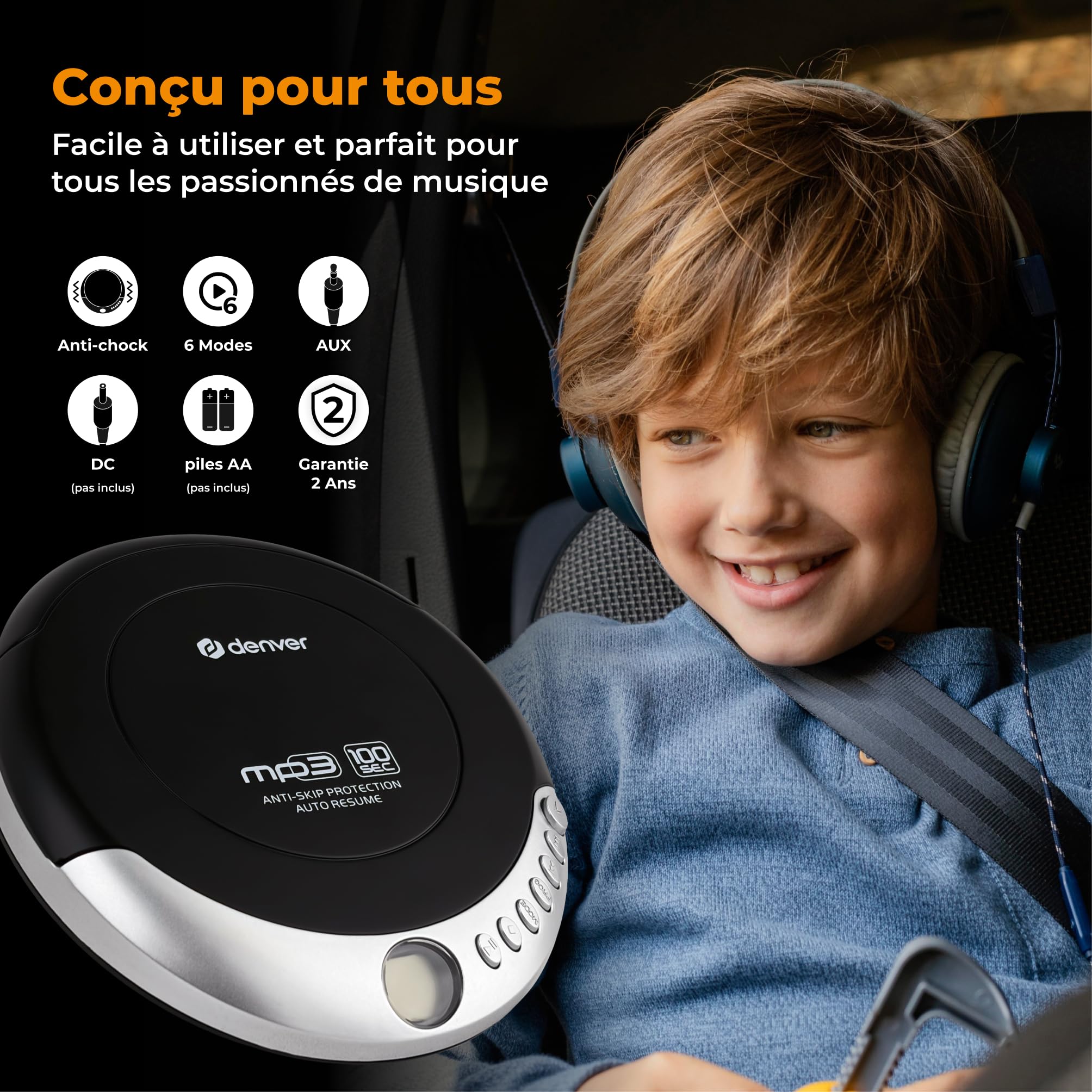 Denver DMP-391 Lecteur CD/MP3 Portable avec Anti-Choc, Reprise Automatique, écran LCD, Prise Casque, écouteurs Inclus, Noir