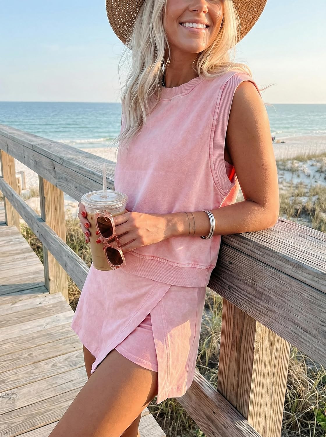 KevaMolly Womens Travel Outfits Summer Lounge Set Two Pieces Mineral Wash Cotton Tank Top Lined Split Athletic Skirt Set - Image 3