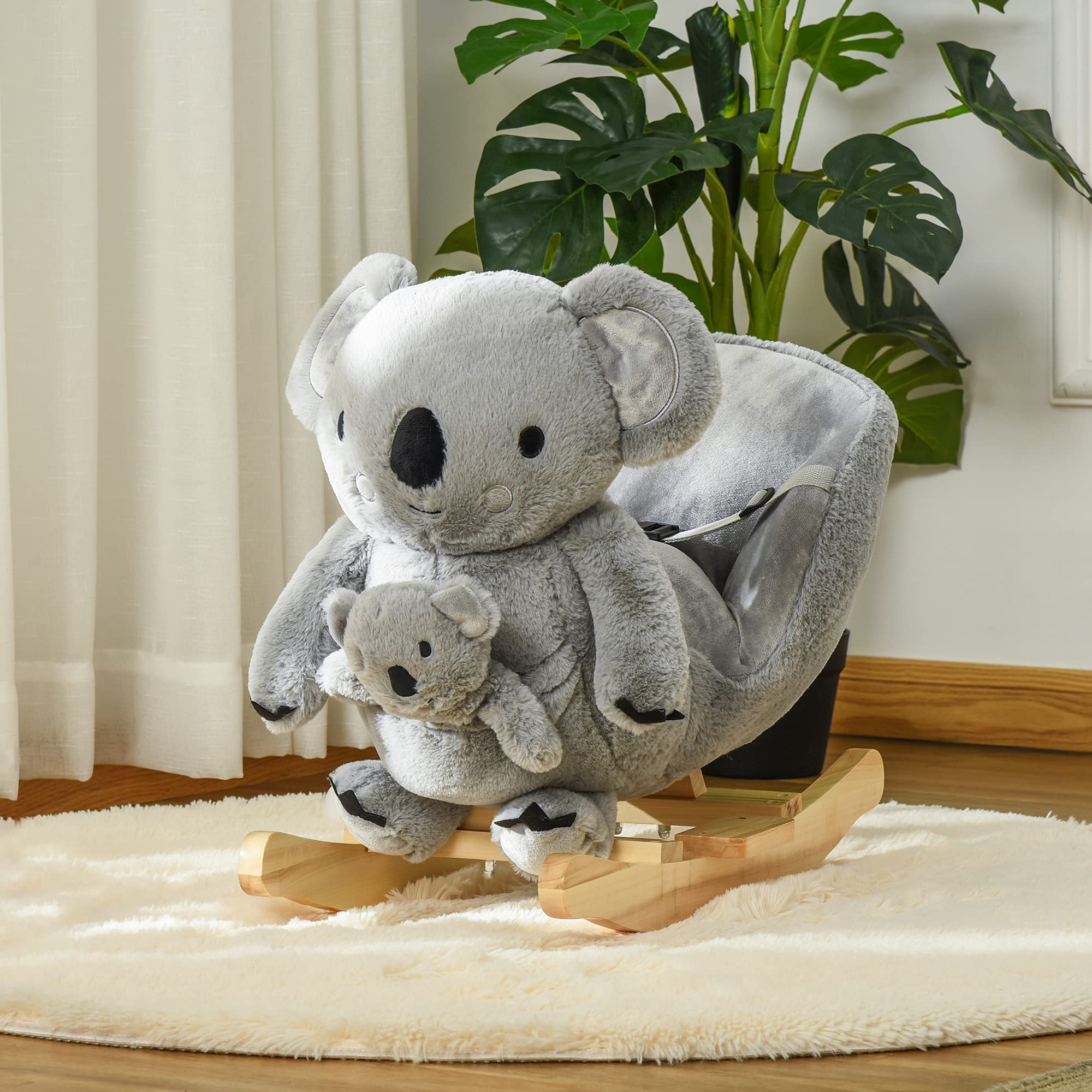 HOMCOM Cavallo a Dondolo Koala in Peluche Imbottita con Suoni, Cintura di sicurezza e Base in Legno, 60x33x50cm, Grigio