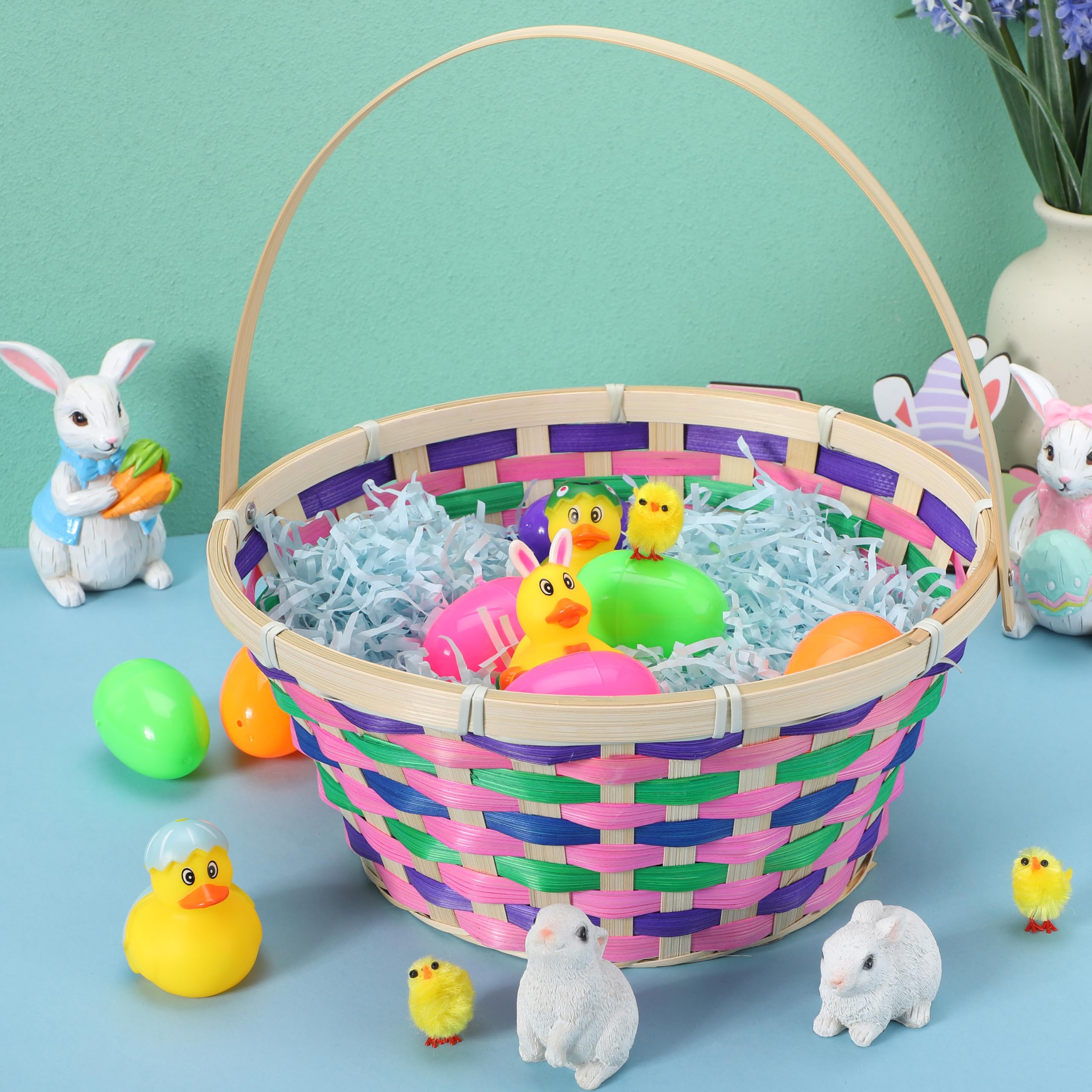 JOYIN Osterkorb, bunt, rund, gewebt, leer, Geschenkkorb mit klappbarem Griff, für Mädchen und Jungen, Ostereiersuche, Party-Leckereien