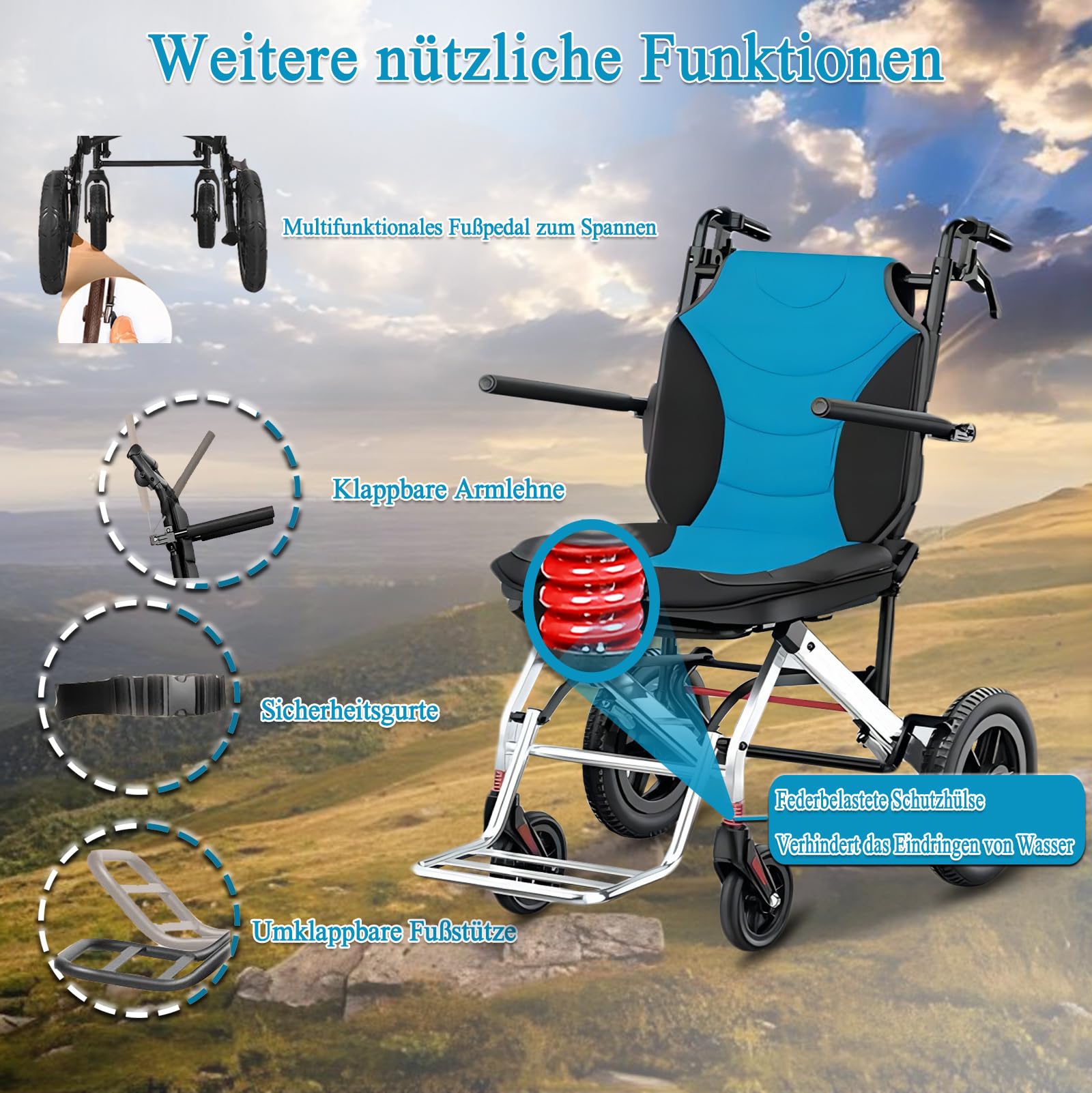 rollstuhl faltbar leicht, Transportrollstühle Faltbar Leicht für Erwachsene, Reise-Rollstuhl, Aluminium, Tragbarer Leichtgewicht Transit rollatoren für senioren, Tragfähigkeit 150KG