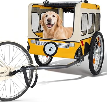 Yafylly Dog Bike Trailer for Small to Large Dogs, Foldable Pet Bike Trailer with 20 Inch Wheels, Steel Frame, Mesh Windows, Built in Leash, Quick Release Wheels