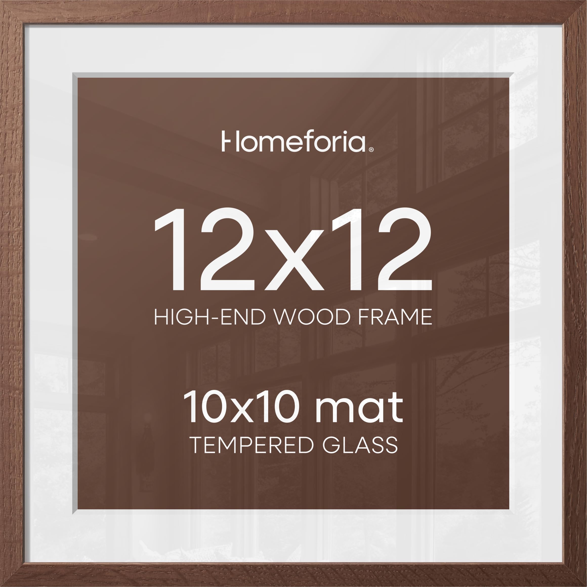 Homeforia 12x12 Brown Oak Picture Frame, High-End Wood, 10x10 Mat, Glass | High End Solid Oak Wood, Tempered Glass, Acid-Free 10x10 Removable Mat, 12x12 Edge-to-Edge Display 12x12, Wall Kit, Set Of 1