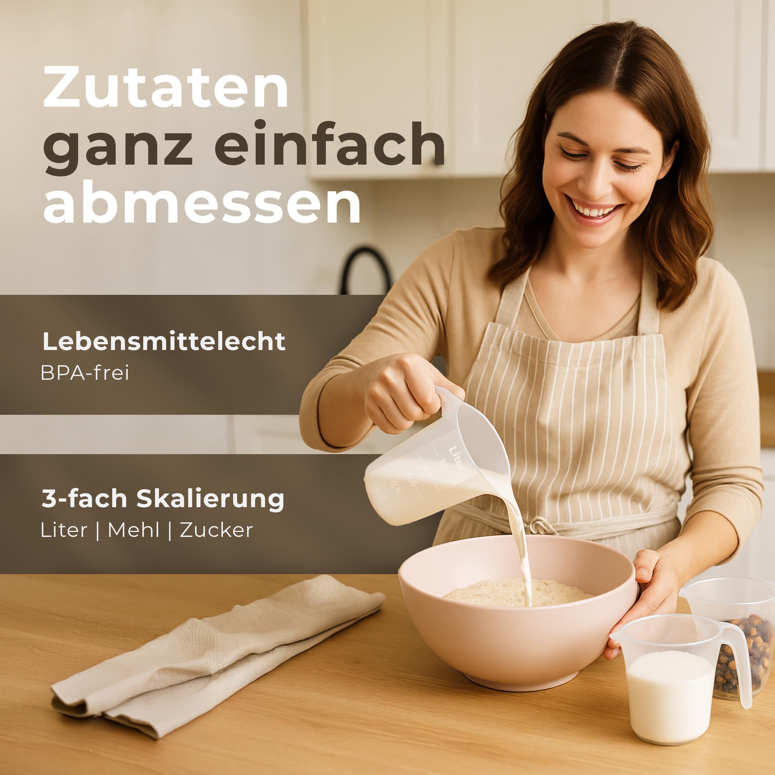 Novaliv Juego de 10 vasos medidores de 1 l, vaso medidor, 1000 ml, transparente, con escala transparente g/ml para líquidos de harina y azúcar, fabricado en Alemania, apto para lavavajillas