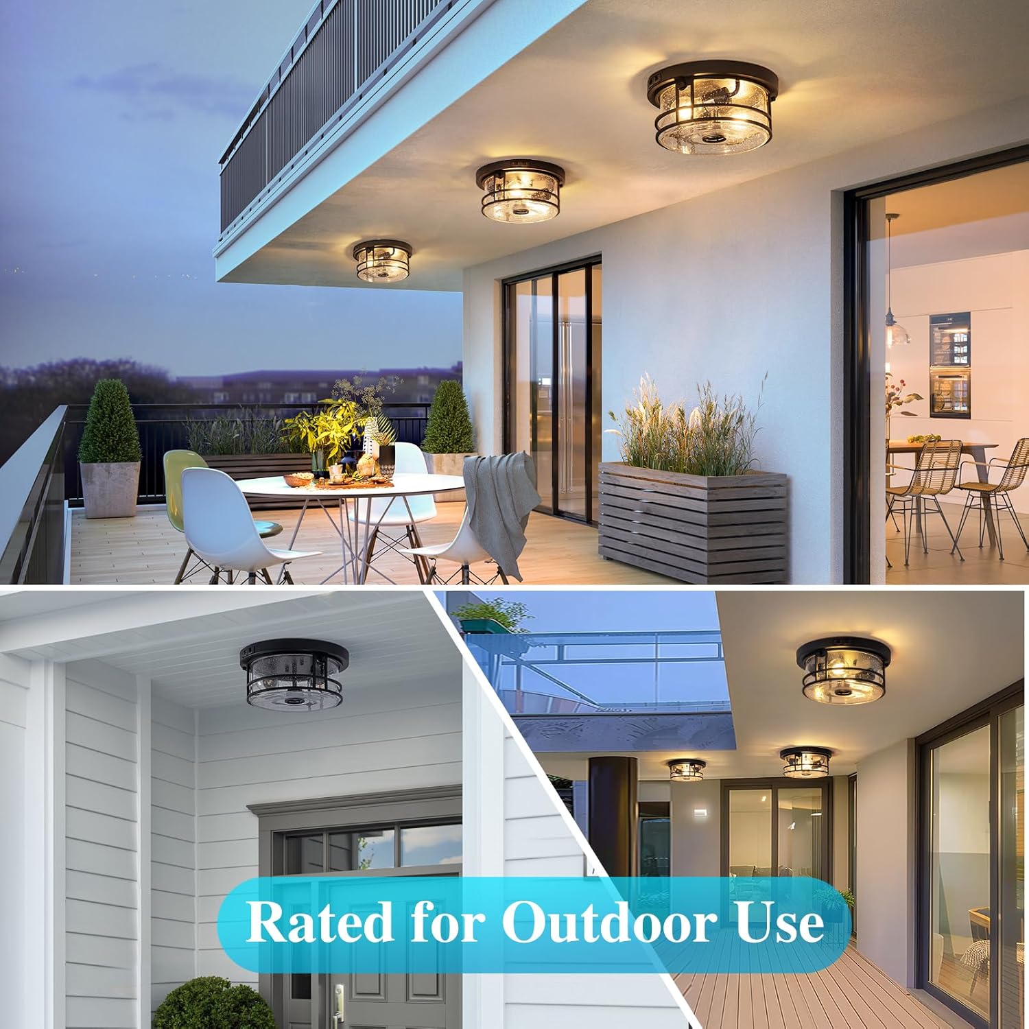Outdoor Ceiling Light with Motion Sensor Flush Mount Round Porch Light, Industrial 2-Light Dusk to Dawn Ceiling Light Fixture with Clear Glass for Entryway Garage Front and Back Yards, Black