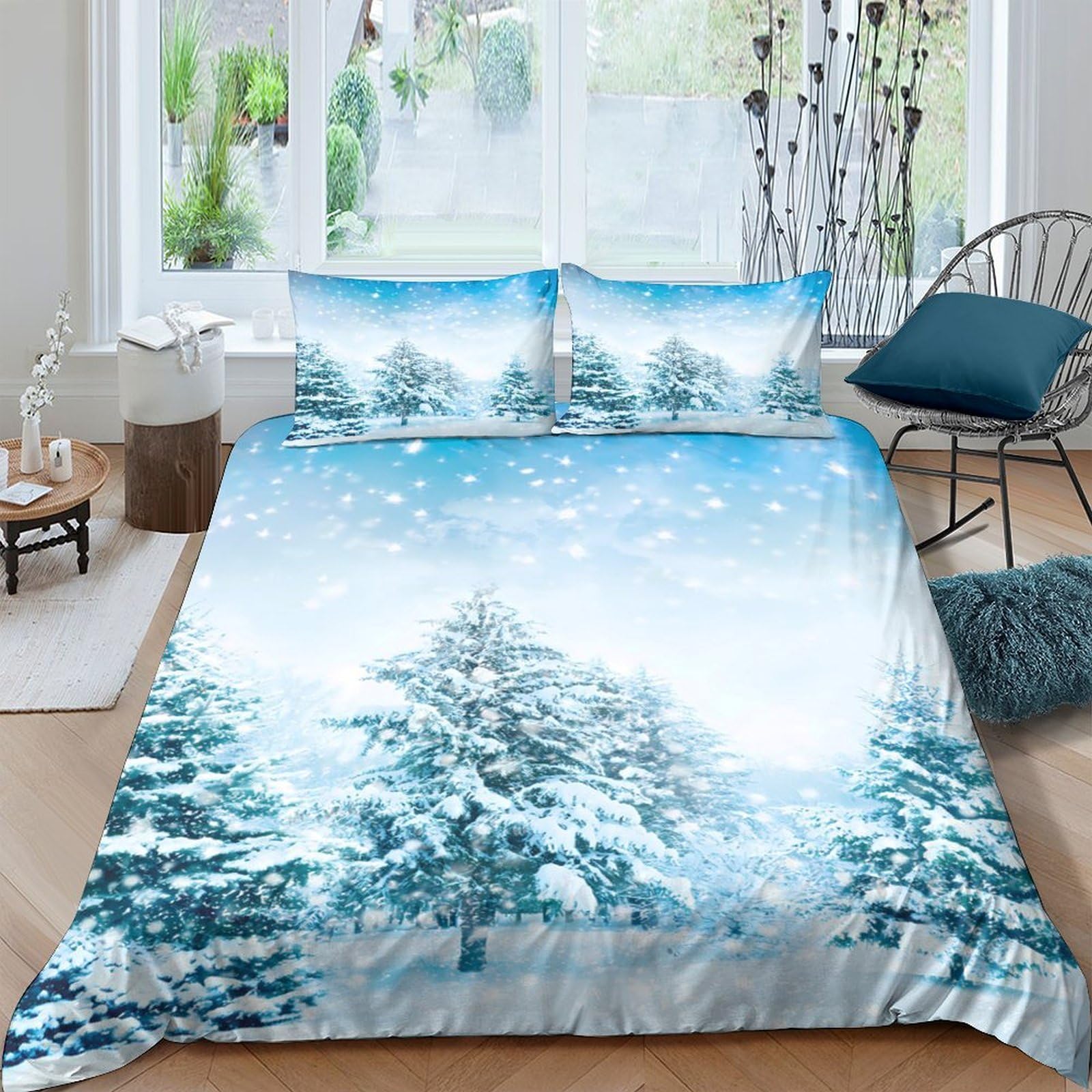 Ctjqhvkz Style-4 3D Printed Snow Forest Fitted Sheet Microfiber Soft Blue Winter Landscape Bed Cover For Bedroom Decor Mattress Protection Single（135X200cm）