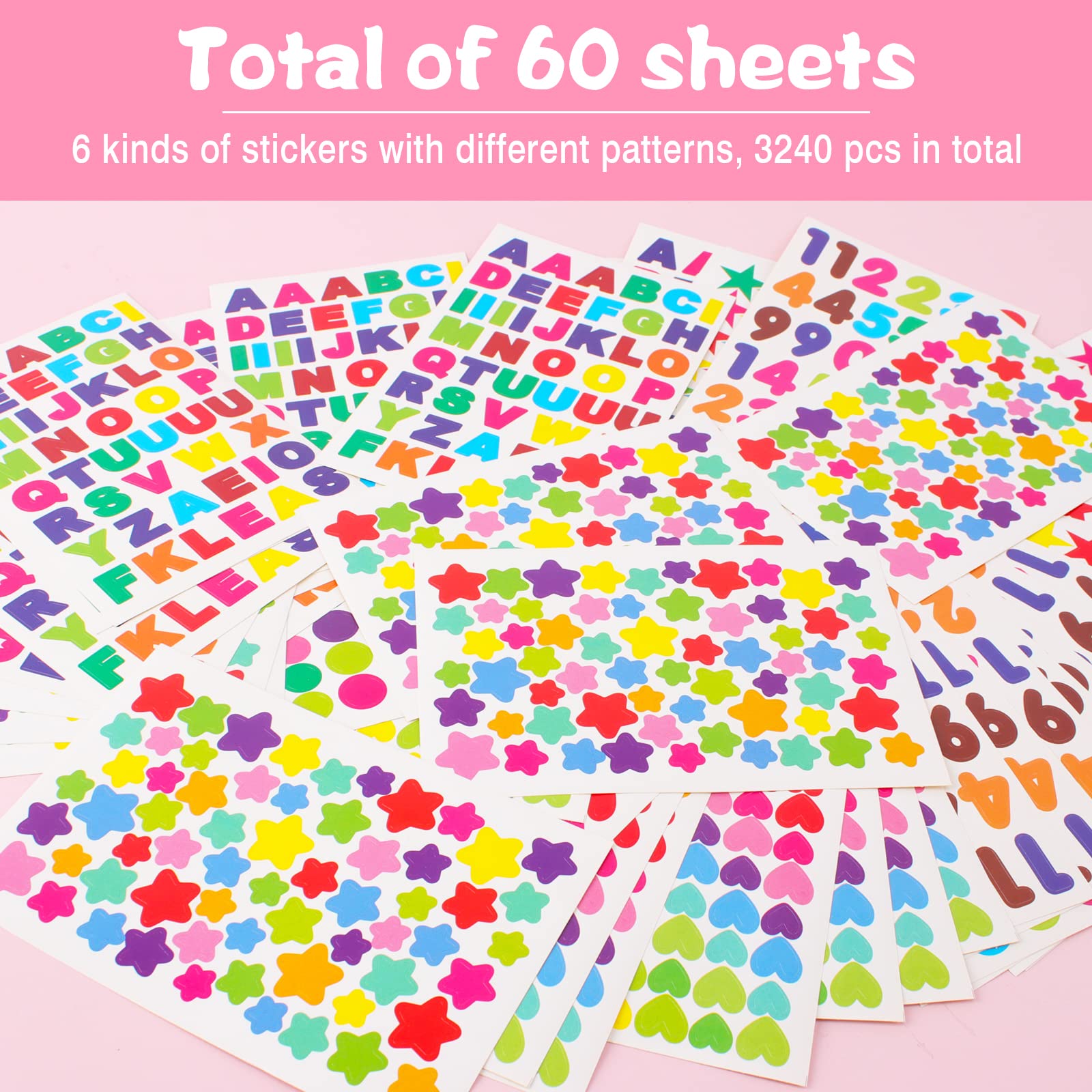 Pegatinas Infantiles 3240 Piezas 60 Hojas Stickers Gomets Colores Letras Números Recompensa para Niños