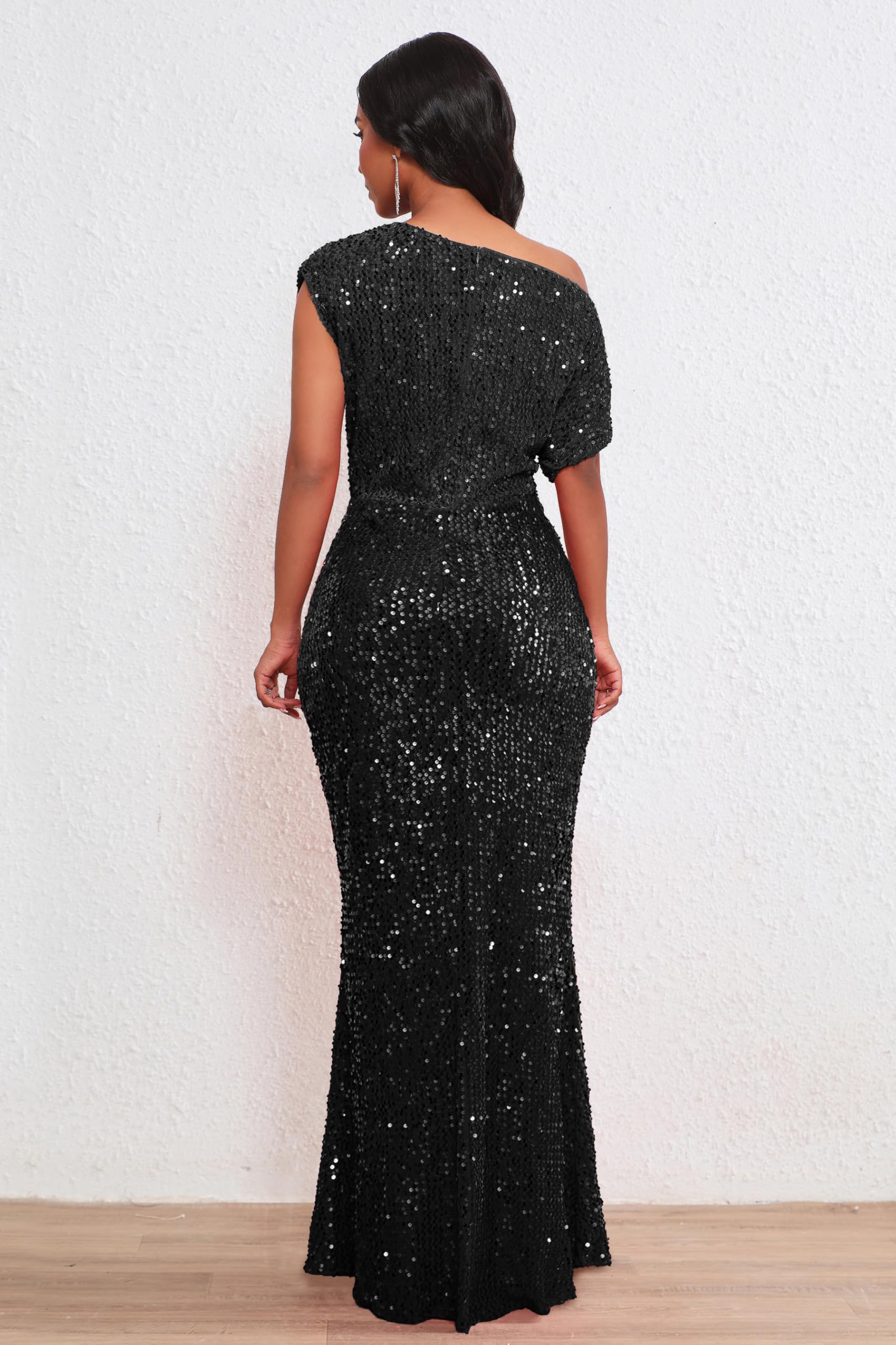 VERWIN Robe longue à paillettes pour femme avec volants asymétriques - Robe de cocktail sirène scintillante