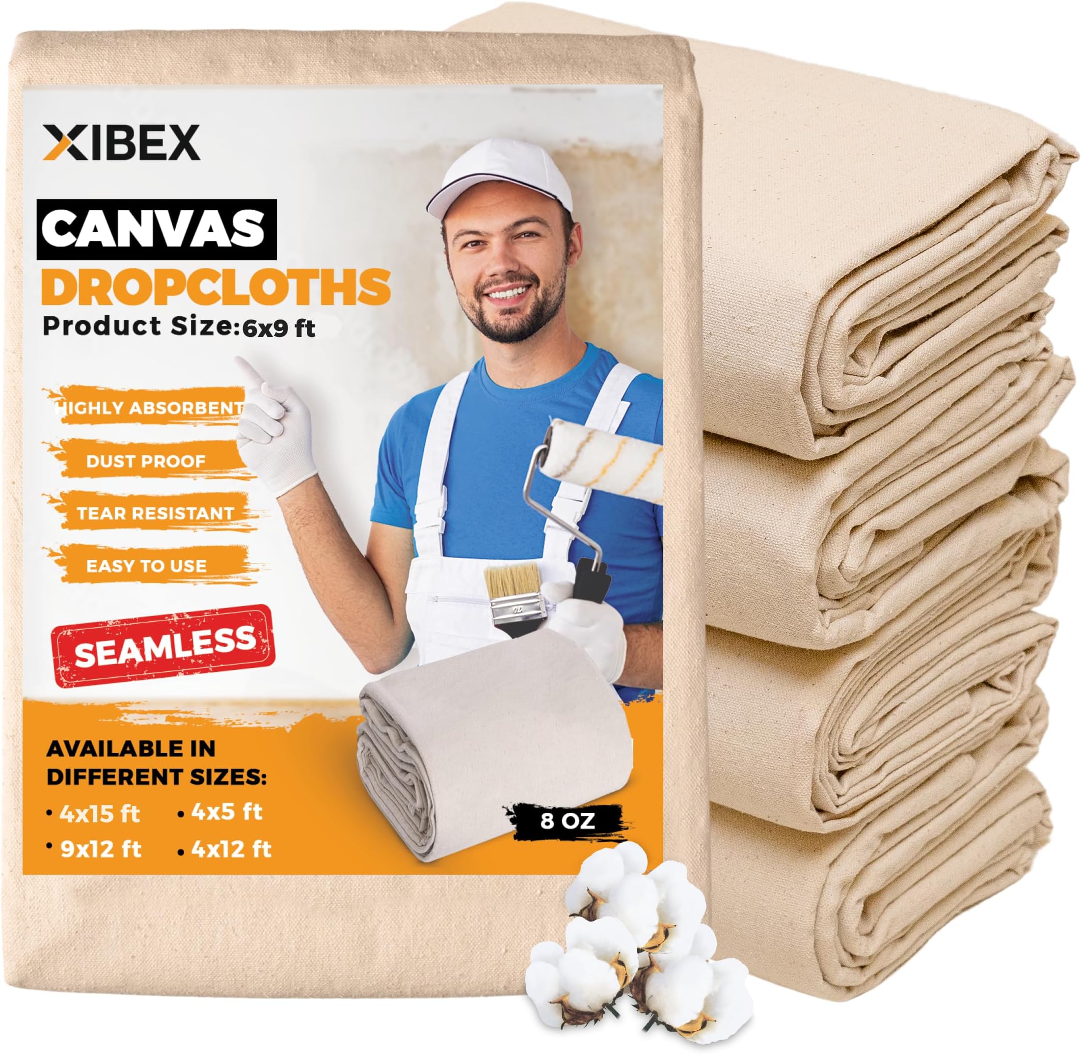 Canvas Drop Cloth for Painting (6x9 ft) with Thick Texture, Sturdy Multi-Purpose Painting Drop Cloth Canvas for Curtains, Furniture & Floor Protection, Pack of 4 Drop Cloths for Painting Canva