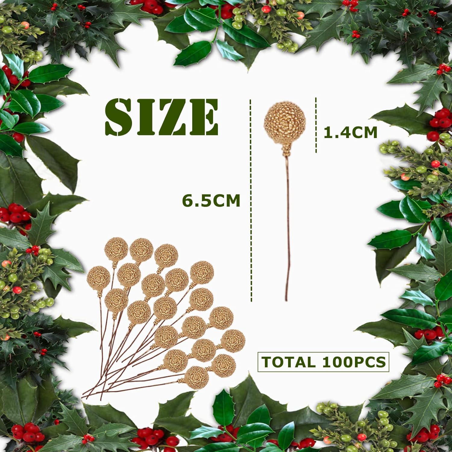 100pcs Christmas Artificial Frosted Fruit Berry,1.4cm Gold Artificial Berry Twig Stem Berry Fruits Picks Winter Berries Bunch for Christmas Wreath Making Xmas Tree Decorations Supplies