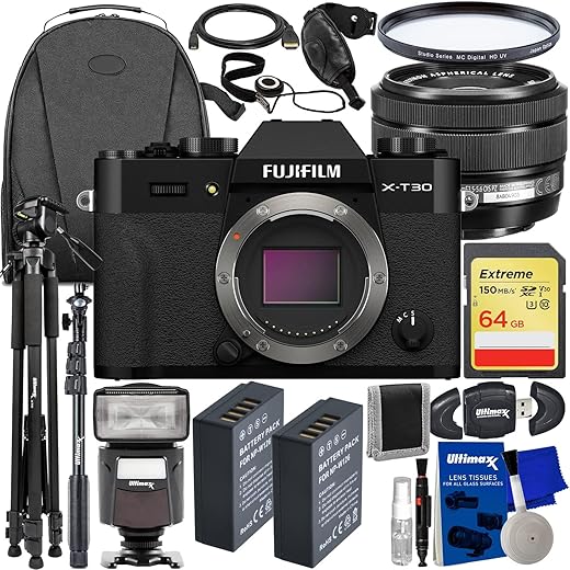 FUJIFILM X-T30 II Mirrorless Camera with XC 15-45mm OIS PZ Lens (Black) + 64GB Extreme SDXC, 2X Spare Batteries, Multi-Coated UV Filter, Universal Speedlite & Much More (27pc Bundle)