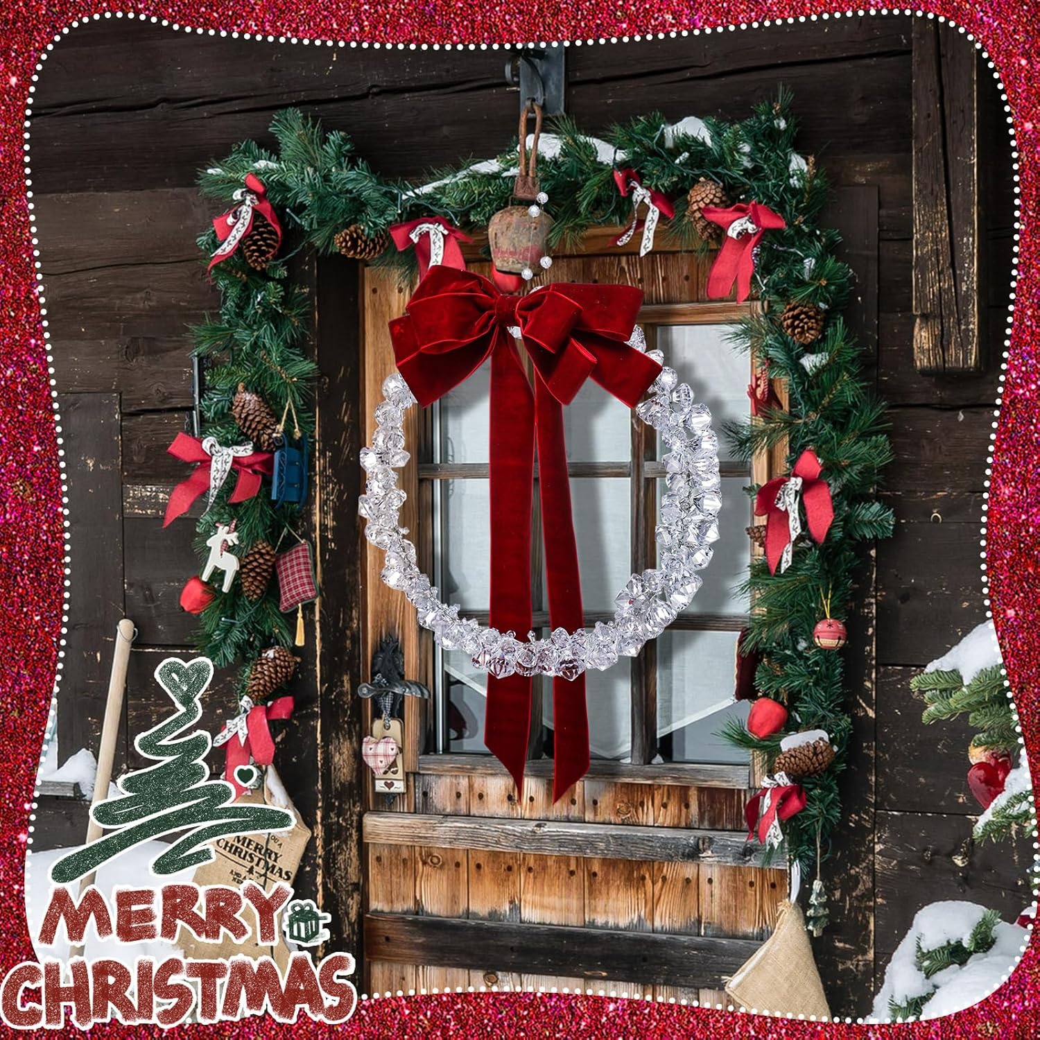 Soulchen Christmas Crystal Wreaths Garland for Front Door DIY Acrylic Plastic Clear Winter Garland Decoration for Home Indoor Outdoor Wall Window Porch Farmhouse Decor