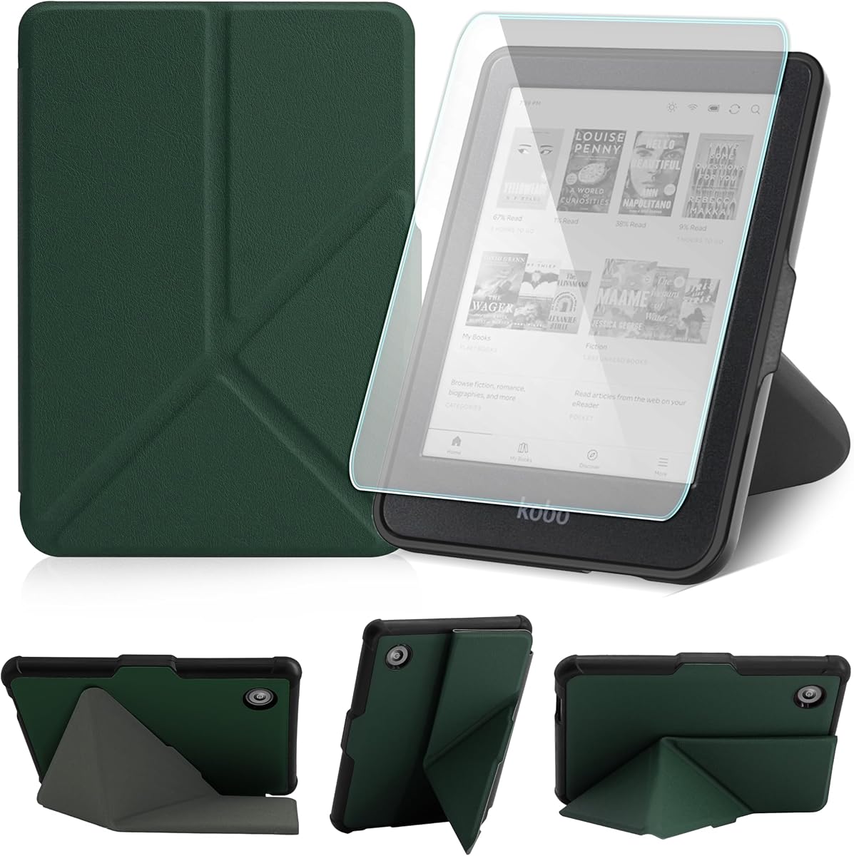 Stand Case for Kobo Clara Colour/Clara BW/Clara 2E and a Screen Protector | Auto Wake/Sleep, Dark Green, 6" PU Leather Soft Back Cover, Lightweight Origami Deasign, Magnetic Closure, for Table Reading