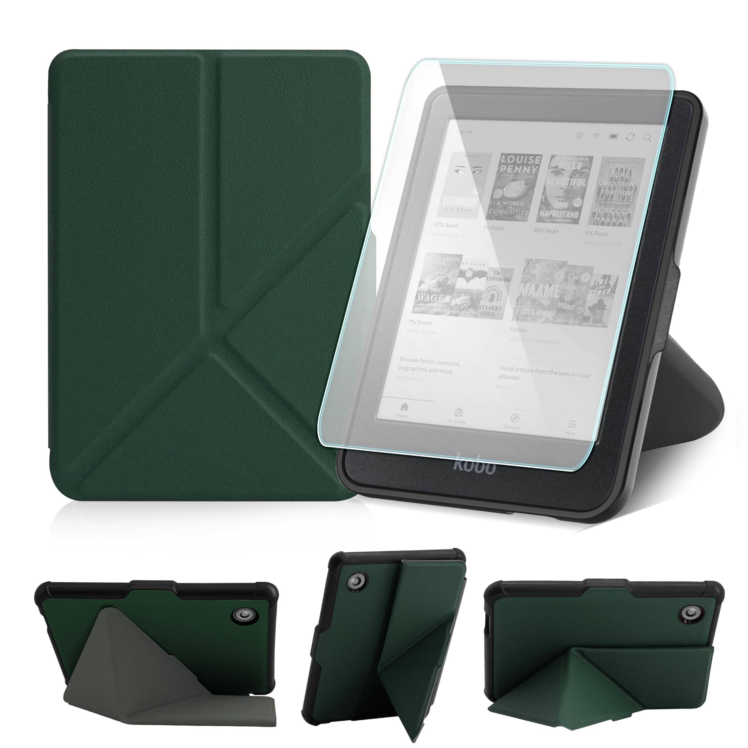 Case for Kobo Clara Colour(2024)/Clara BW/Clara 2E - Kobo-Style 6" Cover with Origami Stand & Auto Wake/Sleep, Includes Screen Protector, Compatible with Model N367/N365/N506 (Dark Green, 6 inch)-image-30