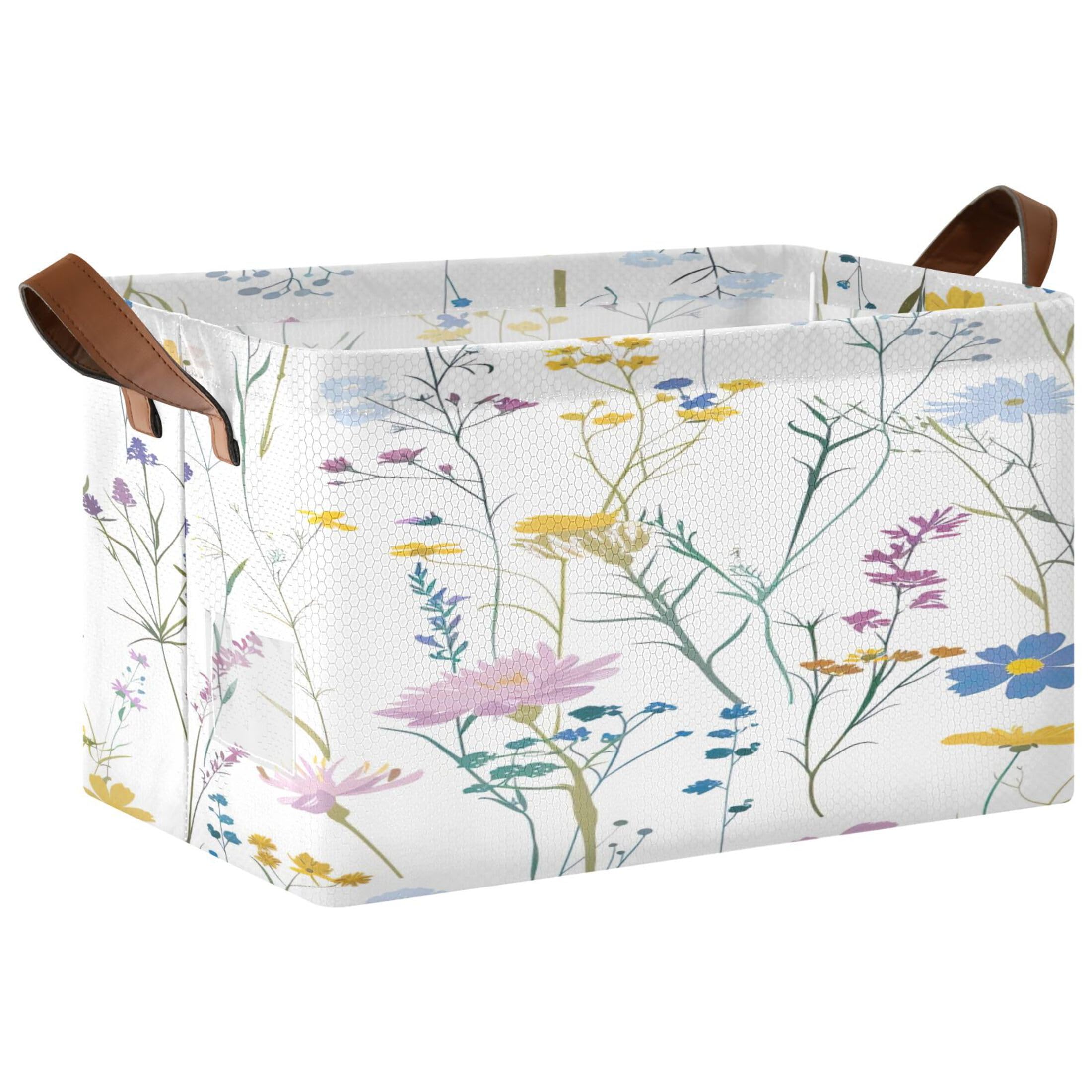 Kutsu Foldable Storage Basket Minimalistic Wildflowers Collapsible Storage Bin with Handles for Shelves, Rectangle Basket for Home Nursery Decor, 16.9x11.4x10 in