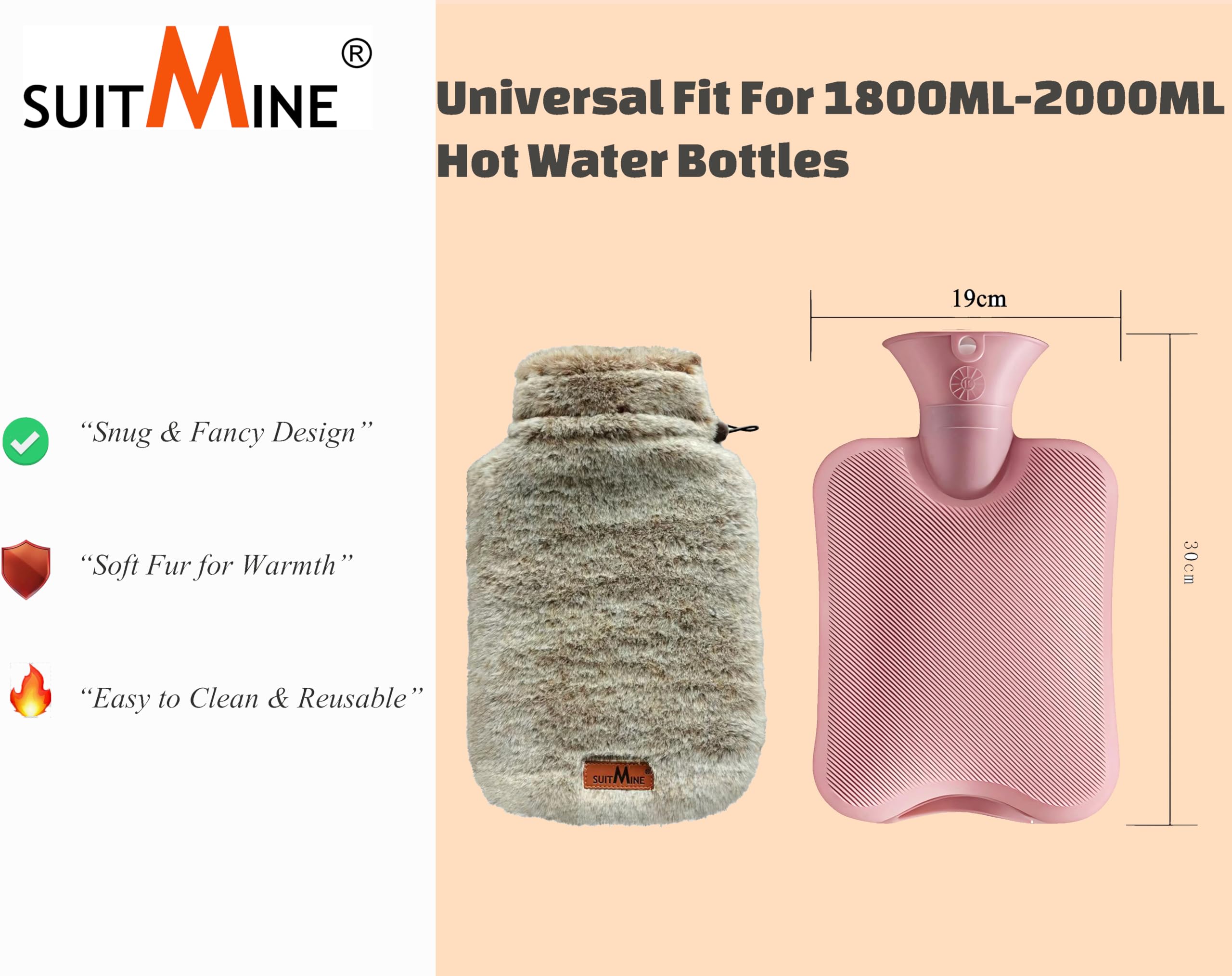 suitmine 2L Hot Water Bottle Cover Soft Fluffy Cover Only for Pain Relief Hot and Cold Therapy,Hands Feet Abdomen and Neck Warmer,Cord Lock,Brown