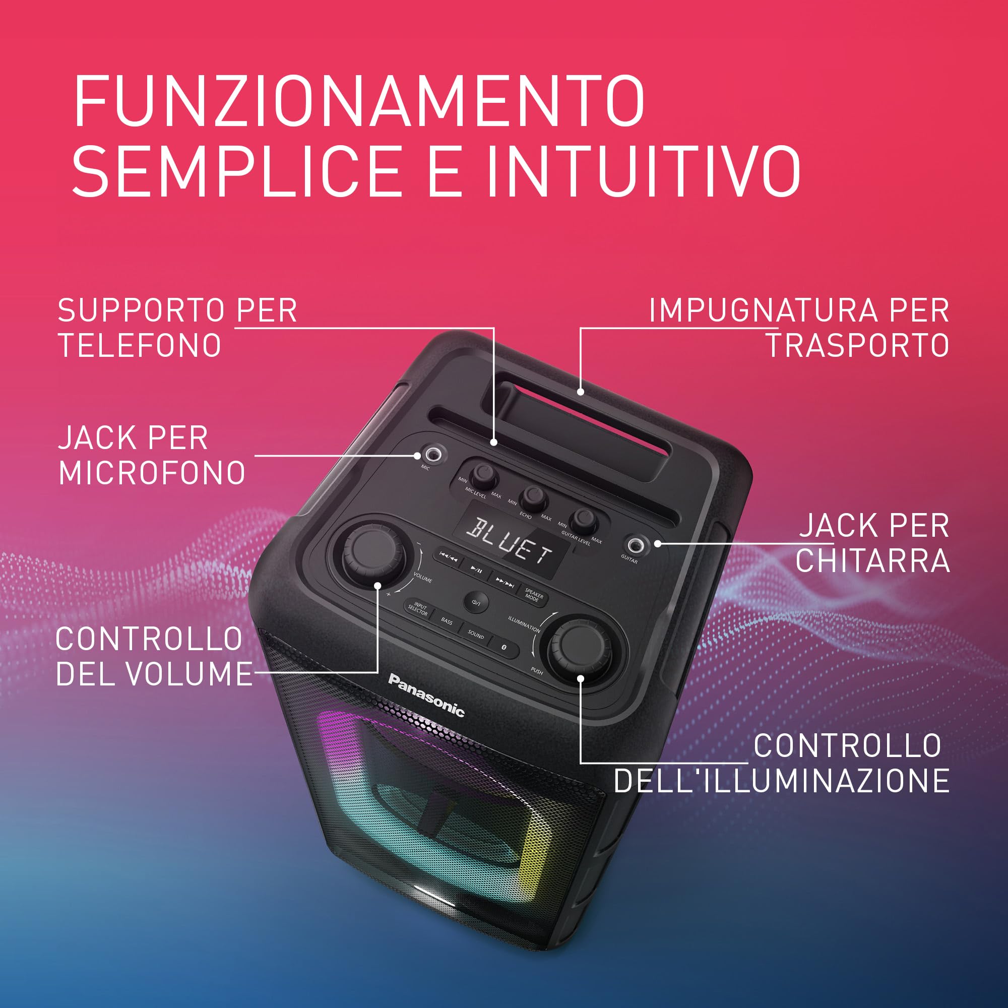 Panasonic SC-TMAX45E-K Altoparlante Sistema Audio ad Alta Potenza con Bluetooth, 1000W, Luci Integrate, USB, Ingresso Ottico per TV, Ingressi Chitarra e Microfono per Karaoke, Nero