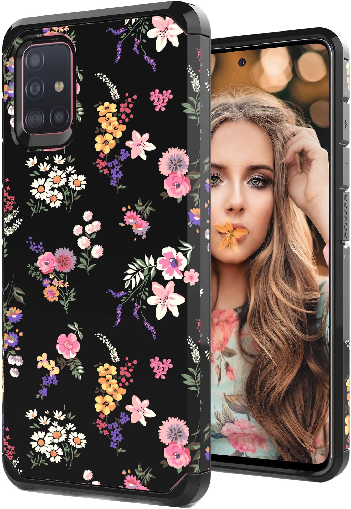 MGAH Galaxy A51 4G Case with Flowers Design,Samsung A51 4G LTE Phone Case,Hybrid Dual Layer Armor Protective Cover Flexible Sturdy Anti-Scratch Shockproof Cute Case for Women and Girls-Floral/Black