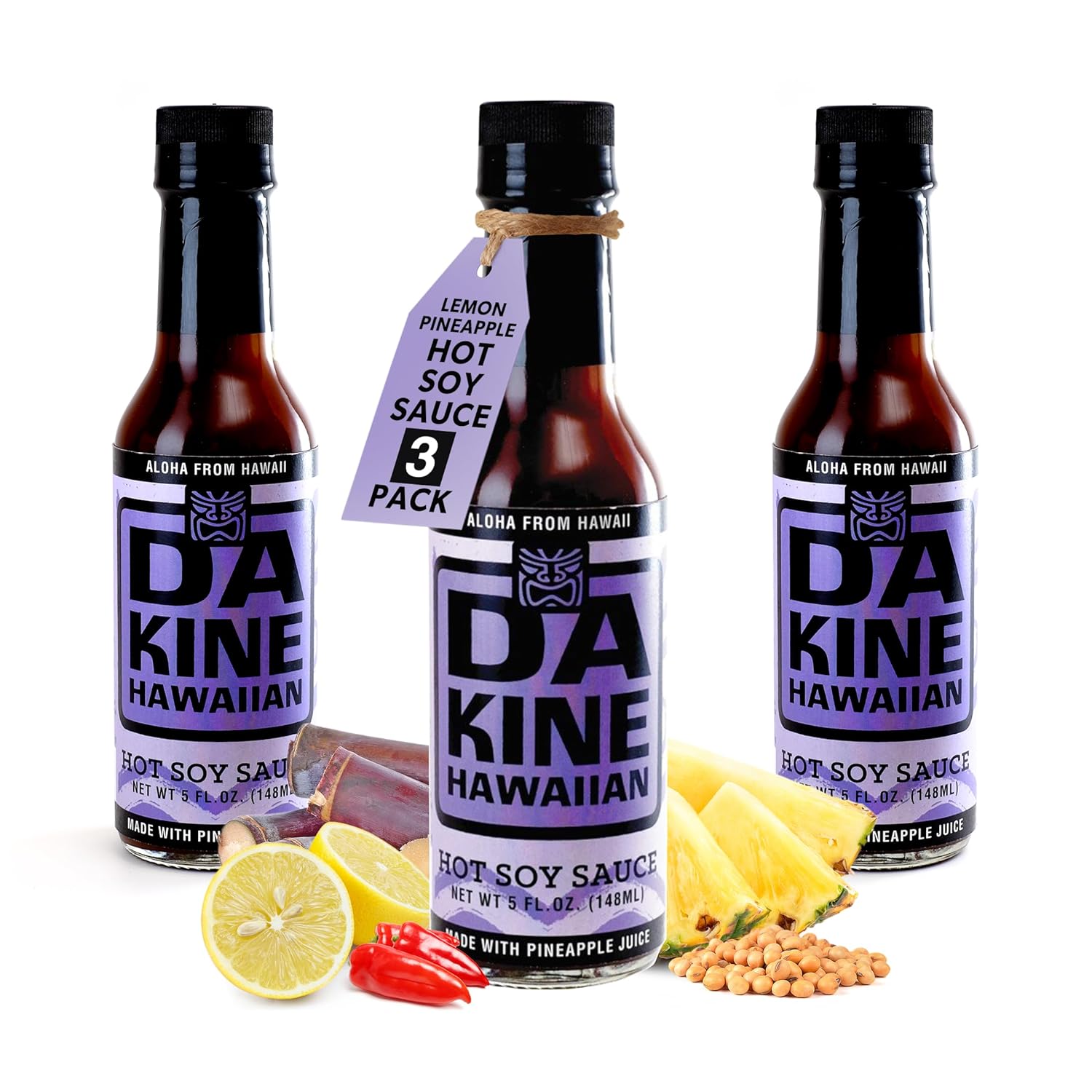 Da Kine Hawaiian Hot Soy Sauce, Premium Gourmet Hot Sauce Made in Small Batches, Vegan & Vegetarian Hot Sauce, Pineapple, Adds Gourmet Flair to Dishes - 5 fl. oz. (Hot Soy 3-Pack)