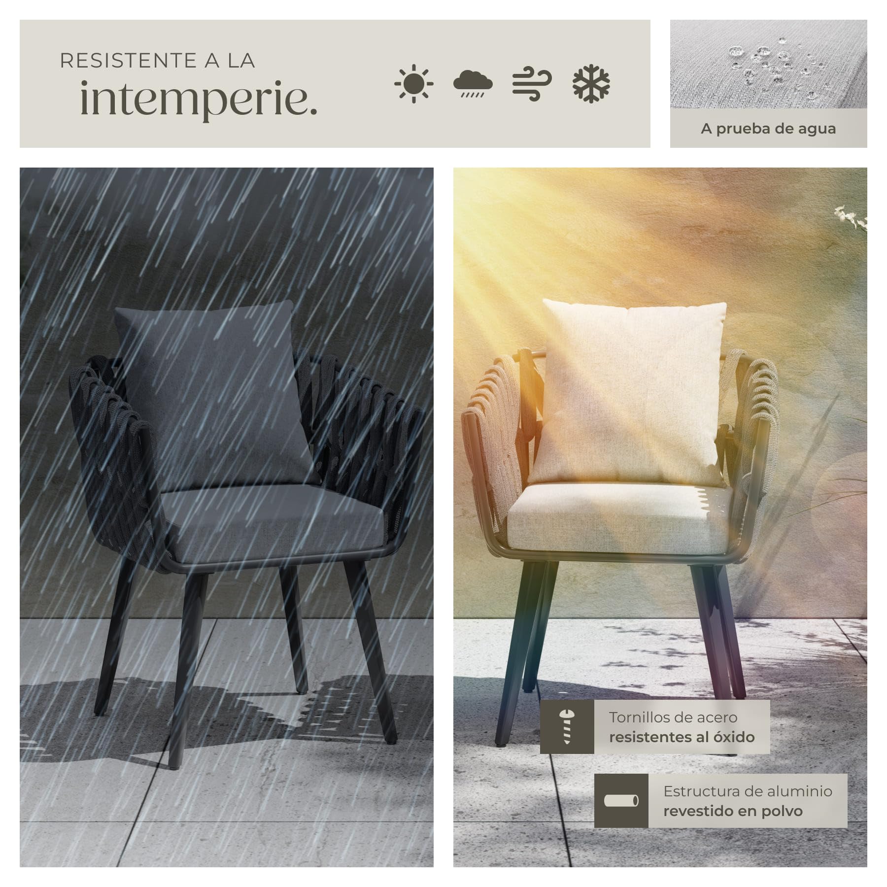 tectake® Set 2X Sillas de Jardín con Diseño de Cuerda, Sillas de Terraza en Aluminio, Cojín en Asiento y Respaldo, Fundas Extraíbles y Repelentes al Agua, Patas Ajustables, Resistentes a Intemperie
