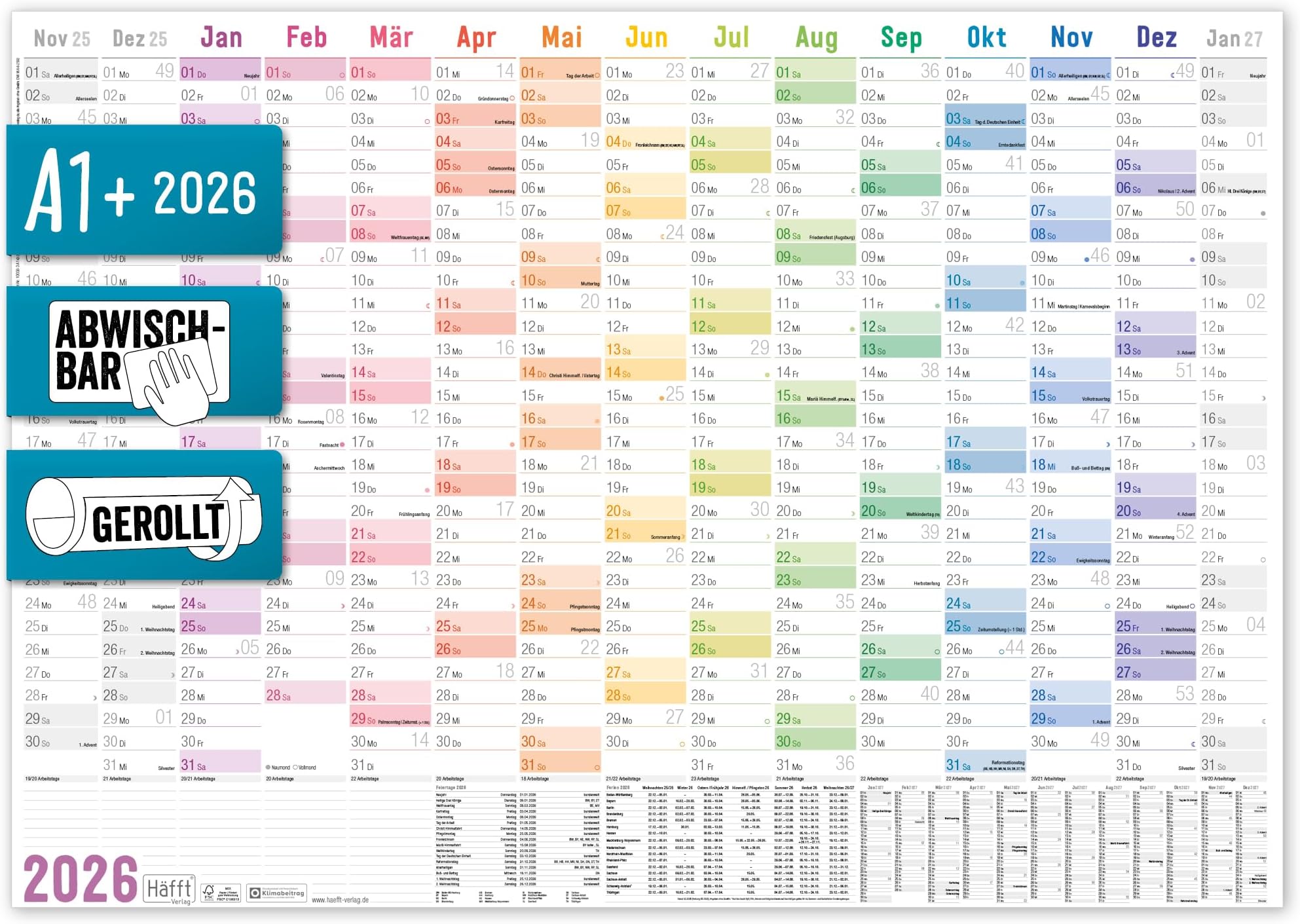 Afveegbare XXL jaarplanner, wandkalender 2026, wandplanner, opgerold 118,8 x 84 cm groot DIN A0 inclusief 1 marker. jaarkalender 2026, kalender - Duitse taal - van Gigatime