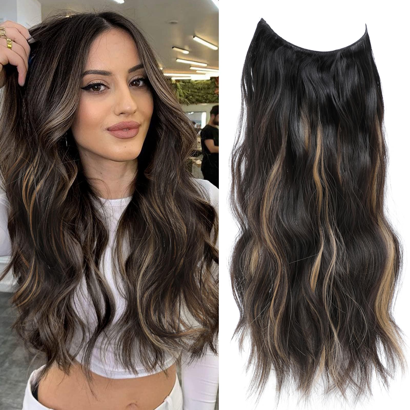 Invisible Wire Hair Extensions One Piece Wavy hair Extension Synthetic HairPieces for Women 20 Inch Chocolate Brown with Highlights hairExtensions