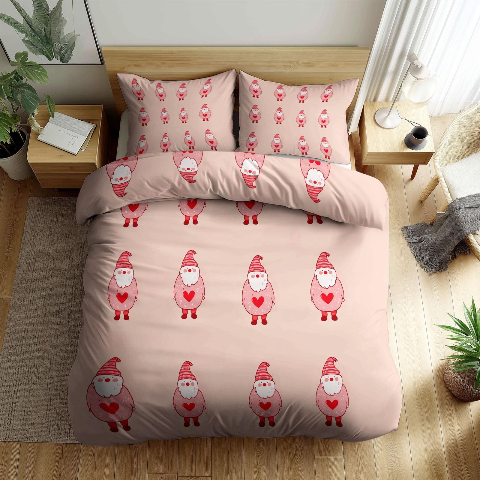 Generico Święty Mikołaj z kreskówek 3-częściowy zestaw poszewek na kołdrę z nadrukiem, 1 x poszwa na kołdrę 220 x 240 cm i 2 x poszewki na poduszki 50 x 80 cm, jasnoróżowa miękka pościel z mikrofibry