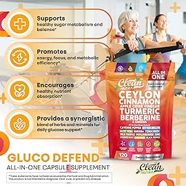 Ceylon Cinnamon Capsules + Apple Cider Vinegar Turmeric Berberine Supplement Ginseng Cayenne Pepper Bitter Melon Aloe Vera Fenugreek Milk Thistle Chromium 120 Pills Gluco Defend by Clean Nutra