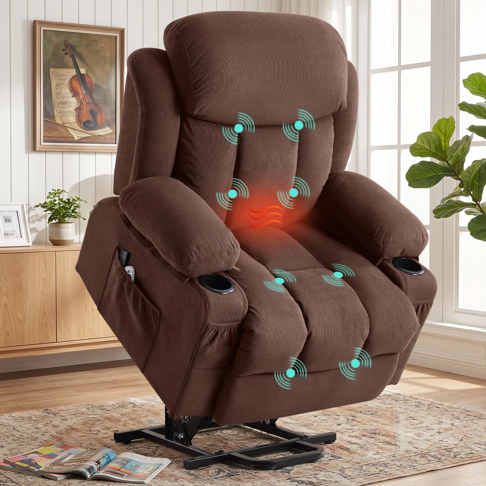 BOSMILLER Electric Power Lift Recliner Chair Sofa with Massage and Heat for Elderly,Lift Chair with Cup Holder &amp; Side Pockets for Living Room