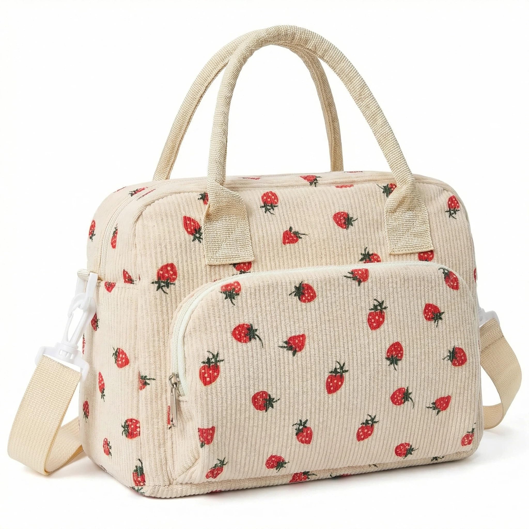 RARITYLL Large Insulated Lunch Bag for Women & Men, 11.2L Reusable Thermal Lunch Box Tote for Work, School, Picnic, Beach, Lightweight Cooler Bag with Front Pocket, Corduroy, Beige Strawberry