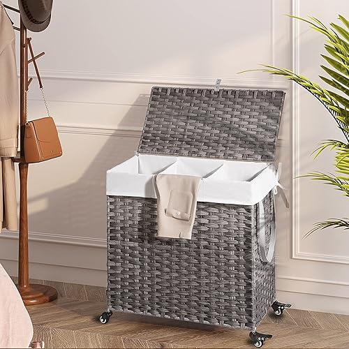 Miniatura 8 de GREENSTELL Cesta para ropa sucia con ruedas y tapa, 130 L, cesta grande de 3 secciones con 2 tipos de bolsas de forro extraíbles, 5 bolsas de malla