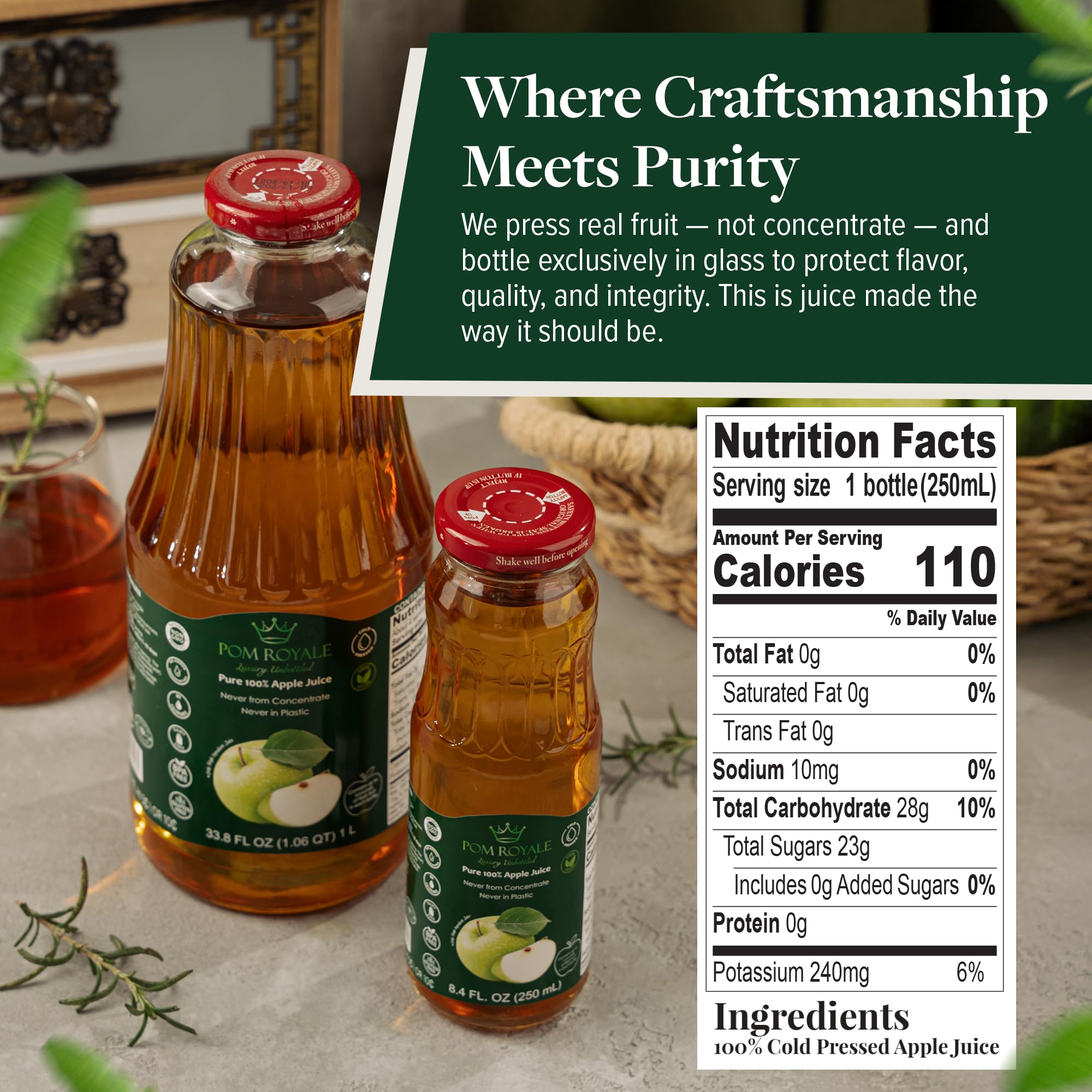 Pure Apple Juice, 8.4oz Glass Bottle (Pack of 12), Cold Pressed Juice, Not from Concentrate, Non-GMO, No Sugar Added, Gluten Free, Kosher Certified, Preservative Free — view 2
