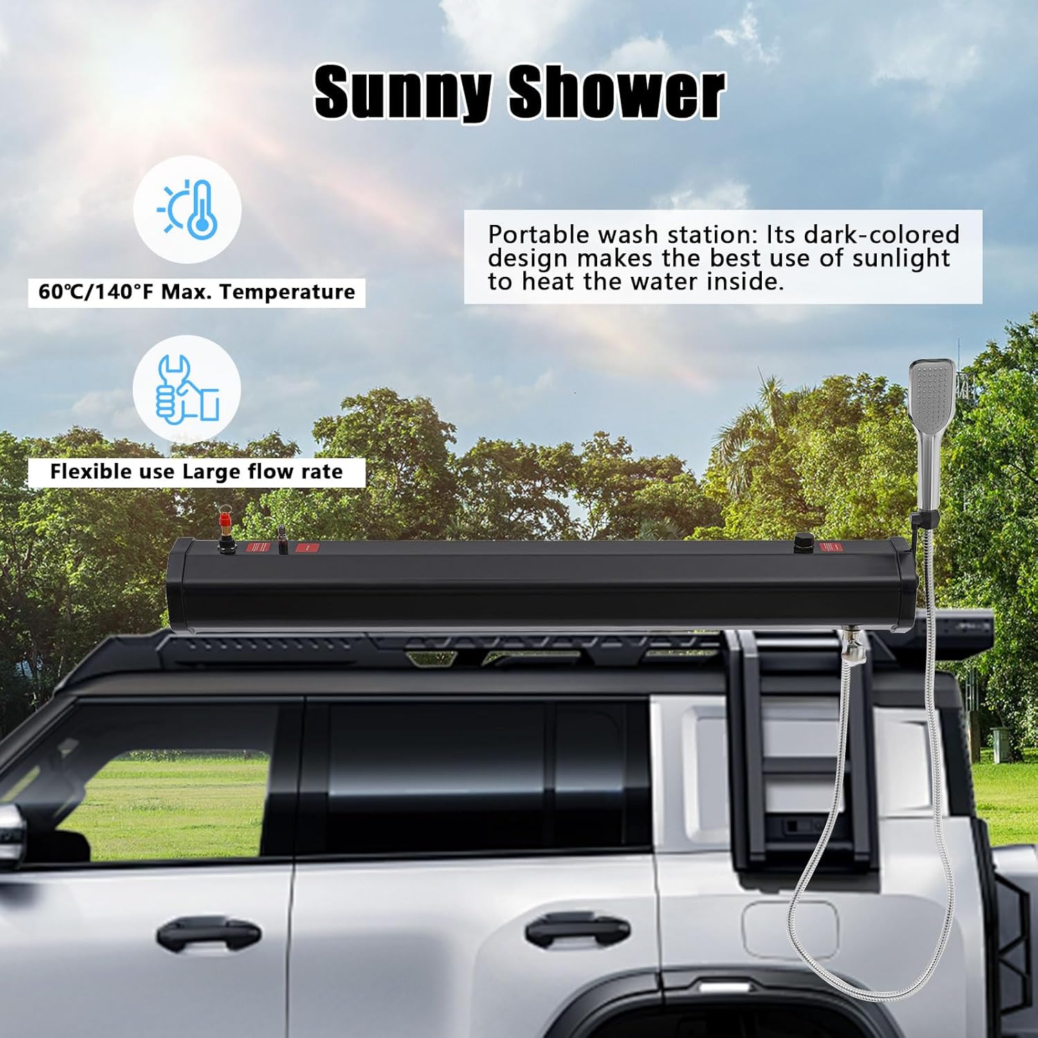 Portable Camping Shower, 5.28 Gallon Roof Rack Mount Road Shower, Roof-Mounted Solar Heating Pressurized Water Tank, Camping Shower Water Storage for Hiking, Car Wash
