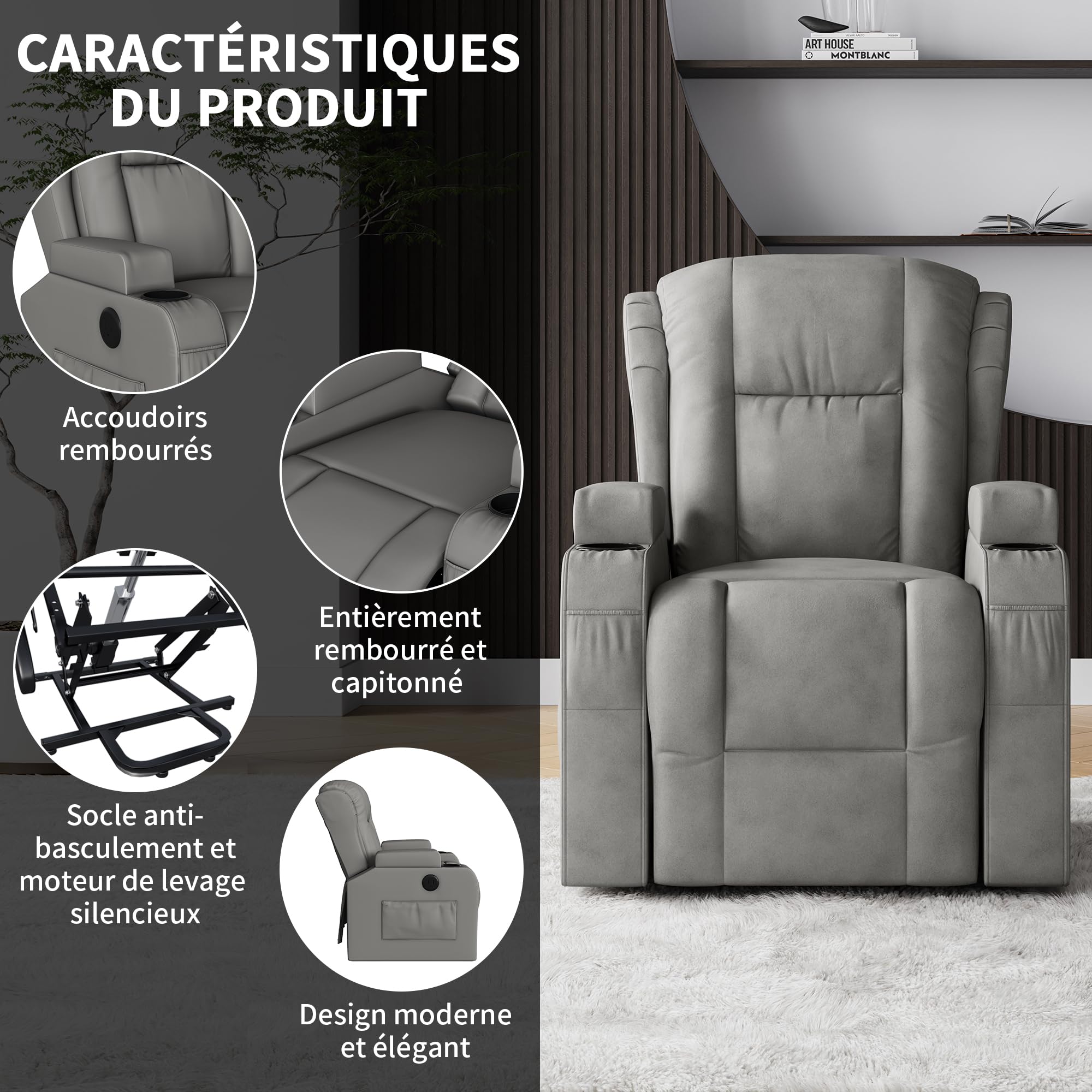 Fauteuil Releveur Électrique,8 Points de Massage Vibrants,Fonction de Chauffage et Chargement USB,Fauteuil Relax Electrique avec Dossier Inclinable 160° et Porte-Gobelet, Gris