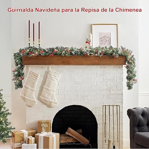 Miniatura 5 de Guirnalda de Navidad con luces, guirnalda flocada preiluminada de 9 pies con 50 bombillas LED, bayas rojas, piñas de pino, guirnalda de pino