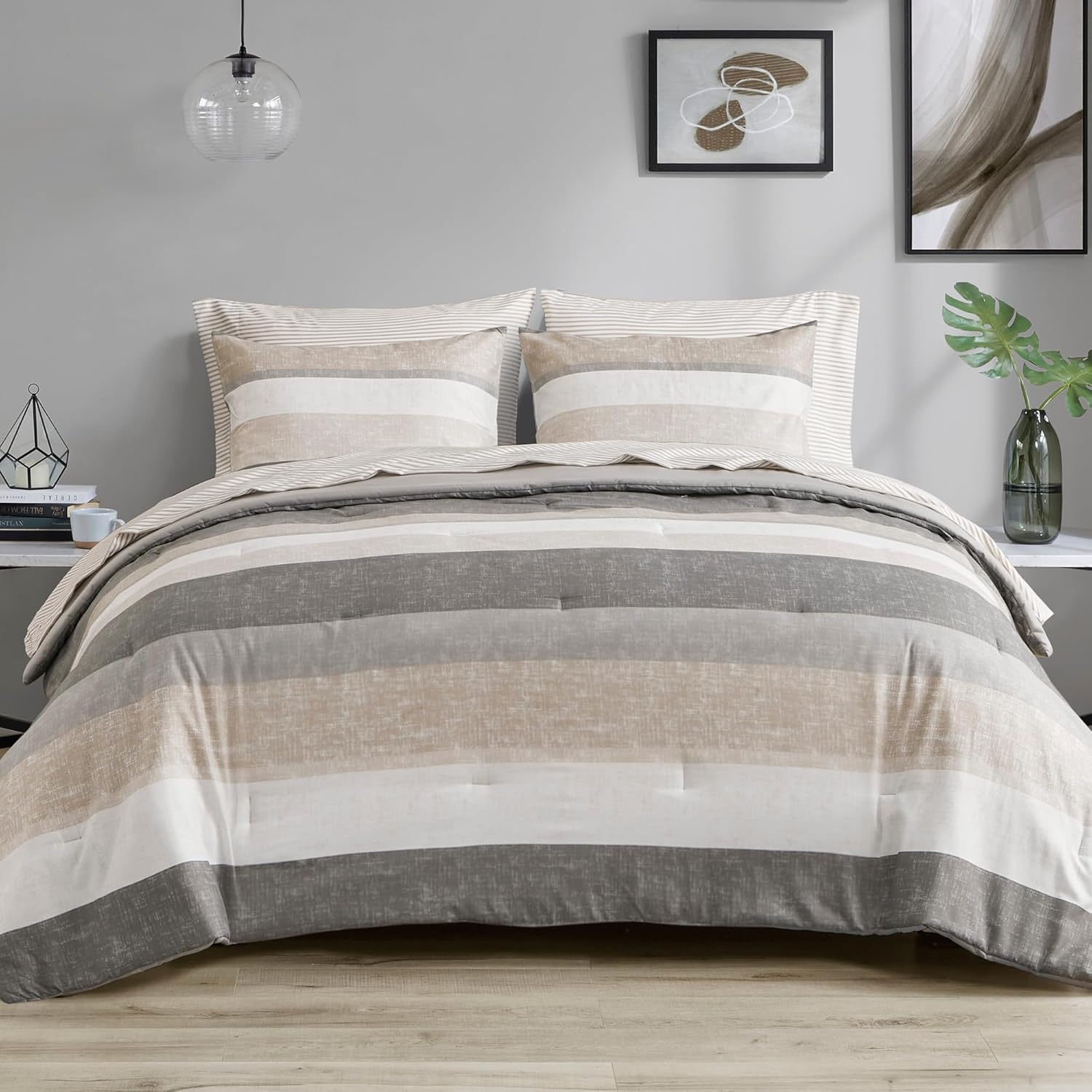 Madison Park Essentials King Comforter Set, Bed in A Bag Comforter & Sheet Set, Modern Casual Stripes Print, All Seasons, Soft Microfiber Bedding Makeover, Matching Shams, King Taupe/Grey 7 Piece Taupe/Grey King