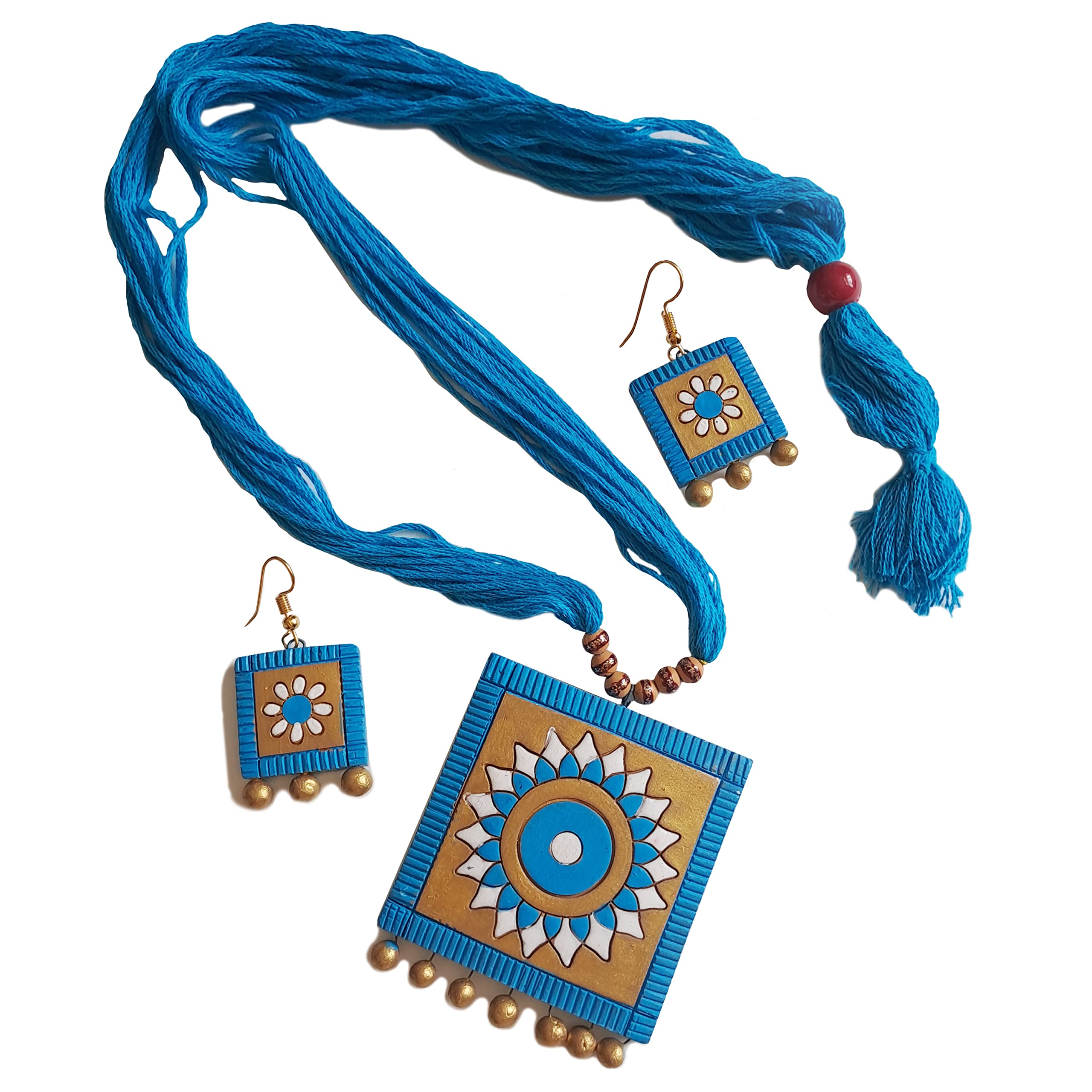 GENERICTerracota jewellery traditional jewelry set for women tribal necklace set| Terracotta Jewellery Set (Sky Blue, Golden & White)