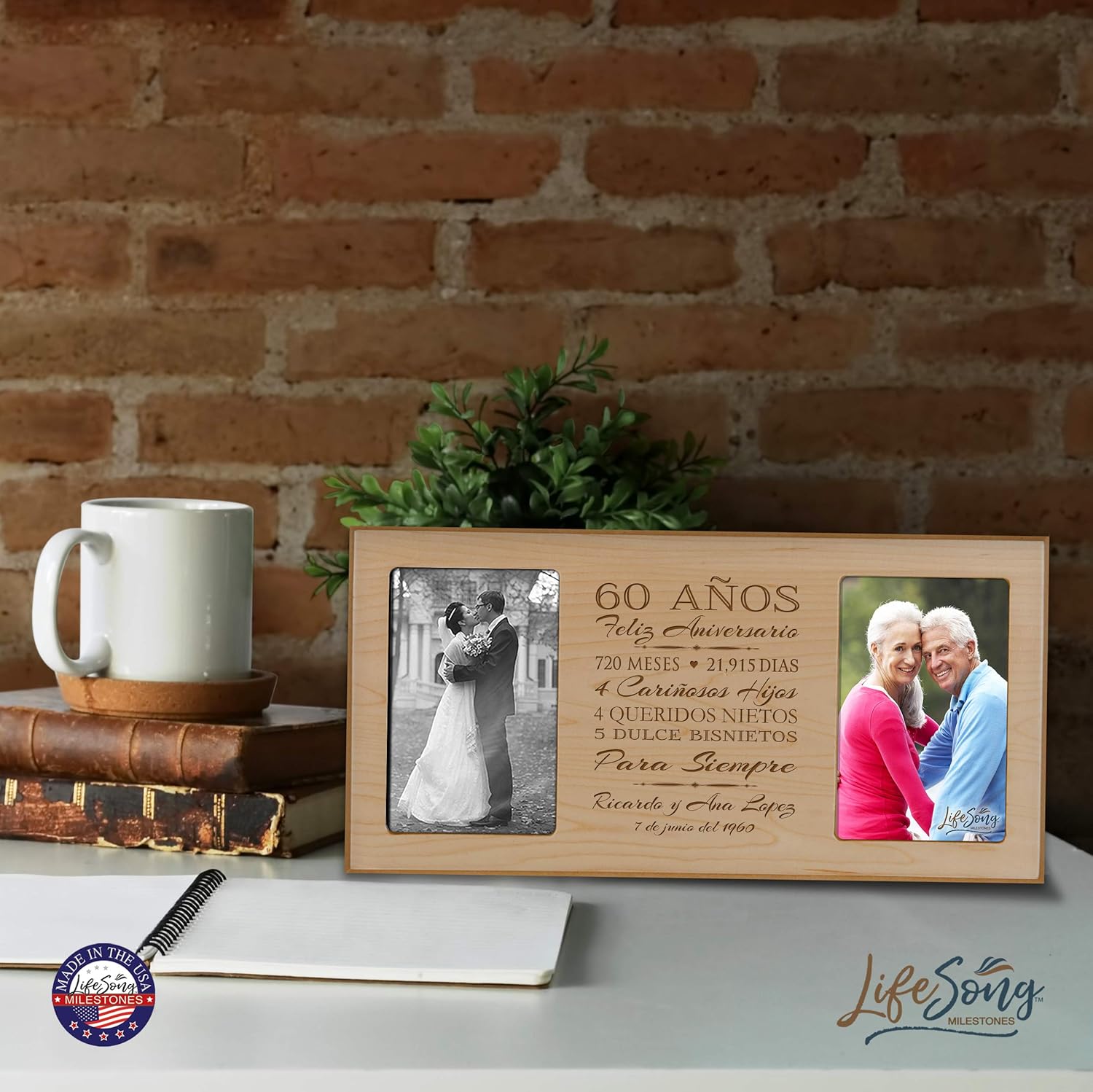 LifeSong Milestones Personalized 60th Anniversary Picture Frame Marriage Keepsake Gift with Spanish Verse - Sixty Years Wedding Gift for Parents Husband Wife Him Her Holds 2-4x6 Photo (Maple)