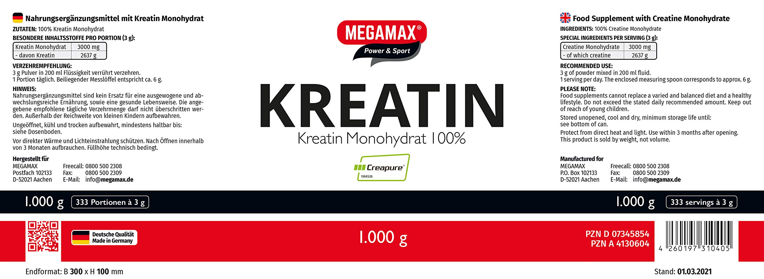 MEGAMAX Kreatin Pulver 1000 g -hochdosiert reines Creatin Monohydrat Creapure (Creapure, 1000 g)