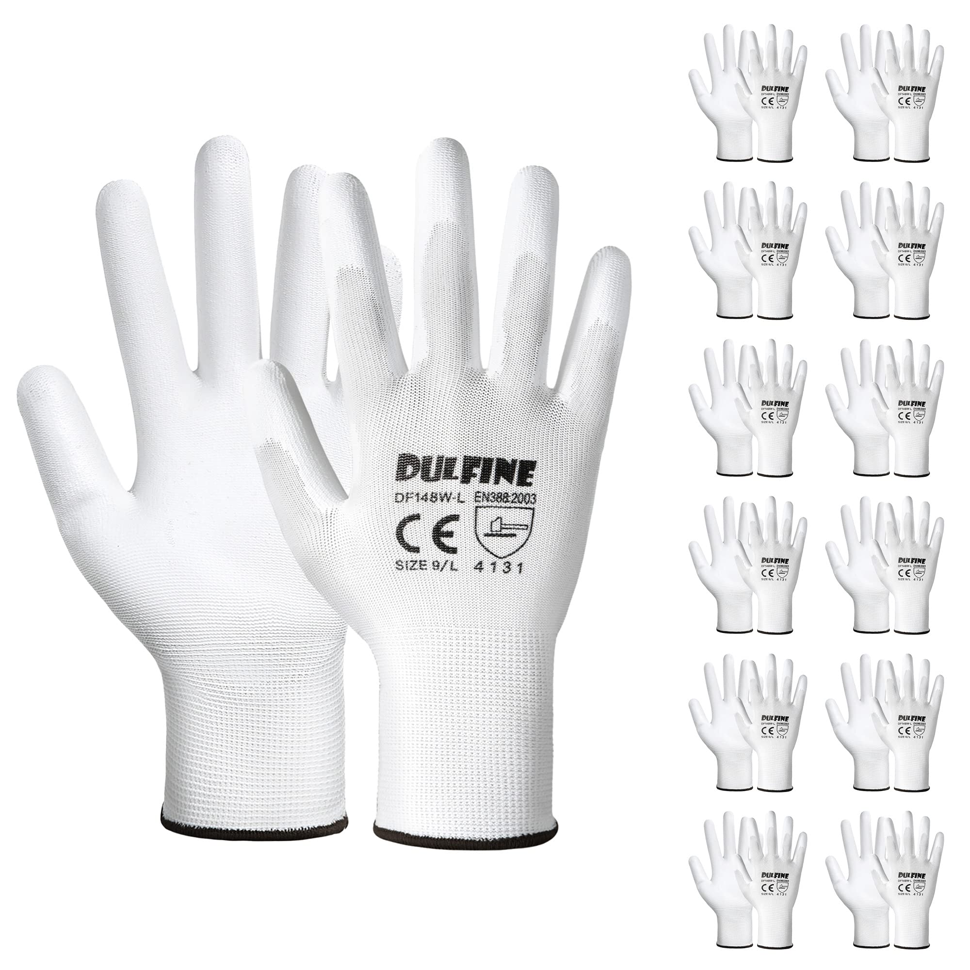 DULFINE Safety Work Gloves PU Coated-12 Pairs,White Seamless Knit Glove with Polyurethane Coated Smooth Grip on Palm & Fingers, for Men and Women,