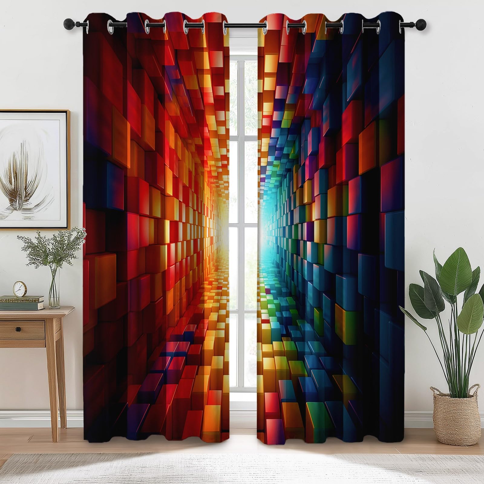 100% Rideau Occultant Thermique Isolant Anti Froid et Chaleur 140L X 245H cm (2 Panneaux), 3D Tunnel Géométrie Cube Rideaux Opaques Oeillets Anti UV Anti Bruit pour Chambre Salon, Coloré