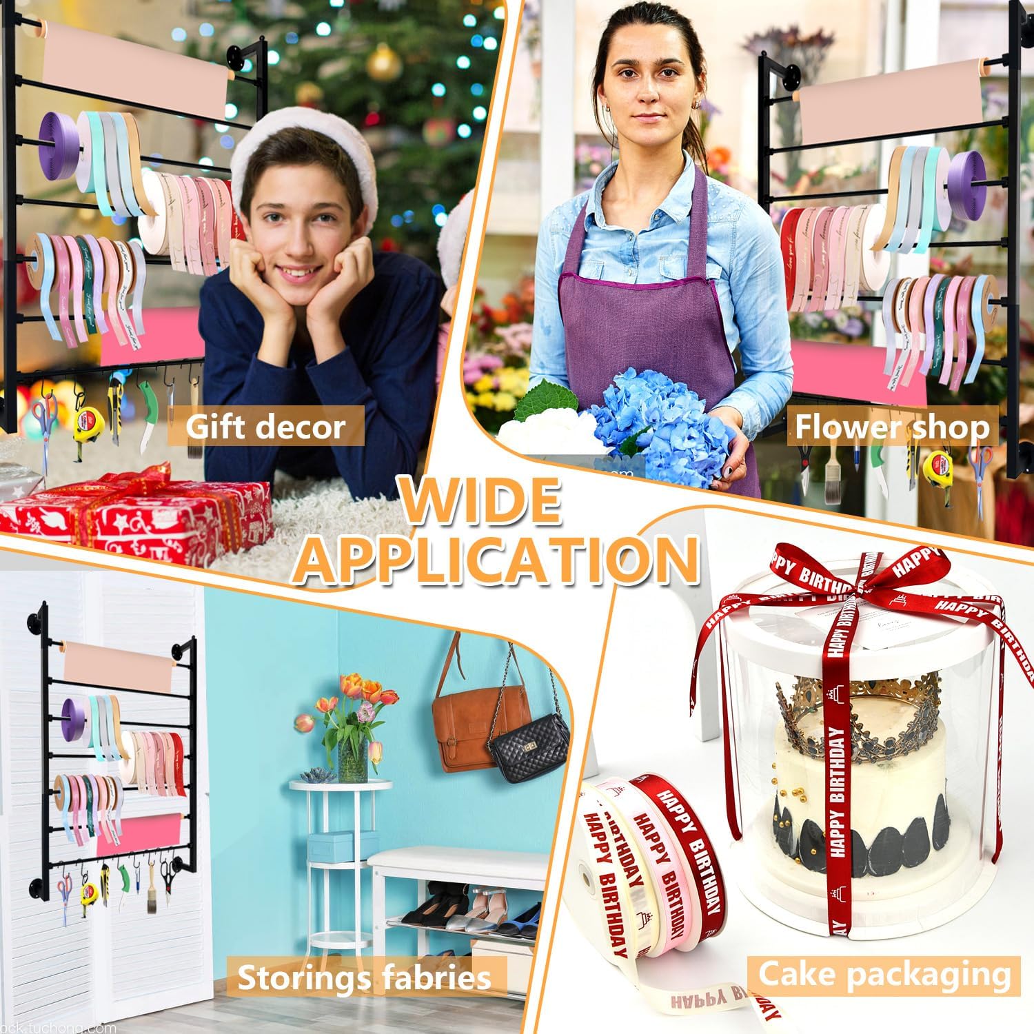 Ribbon Storage Organizer 7 Tier Wall Mounted Ribbon Rack Ideal for Wrapping Paper Scarf Tie Belt Towel, Metal Ribbon Storage for Craft Room Flower Store Scarf Belt-with Hooks-Black