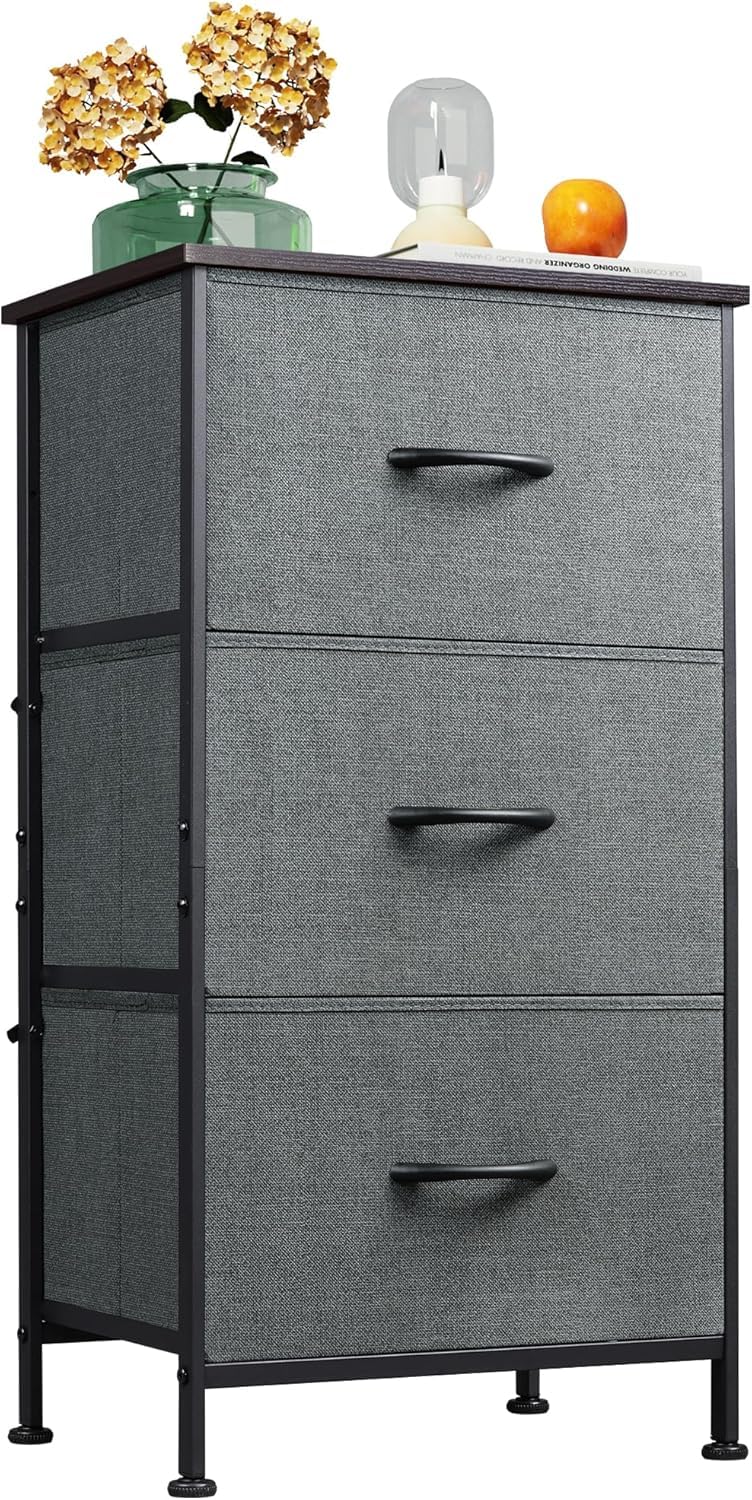 WLIVE Kommode mit 3 Schubladen aus Stoff, Kommodenschrank für Schlafzimmer, Kommode Wohnzimmer, mit Stabiler Stahlrahmen, Holzplatte, Dunkelgrau